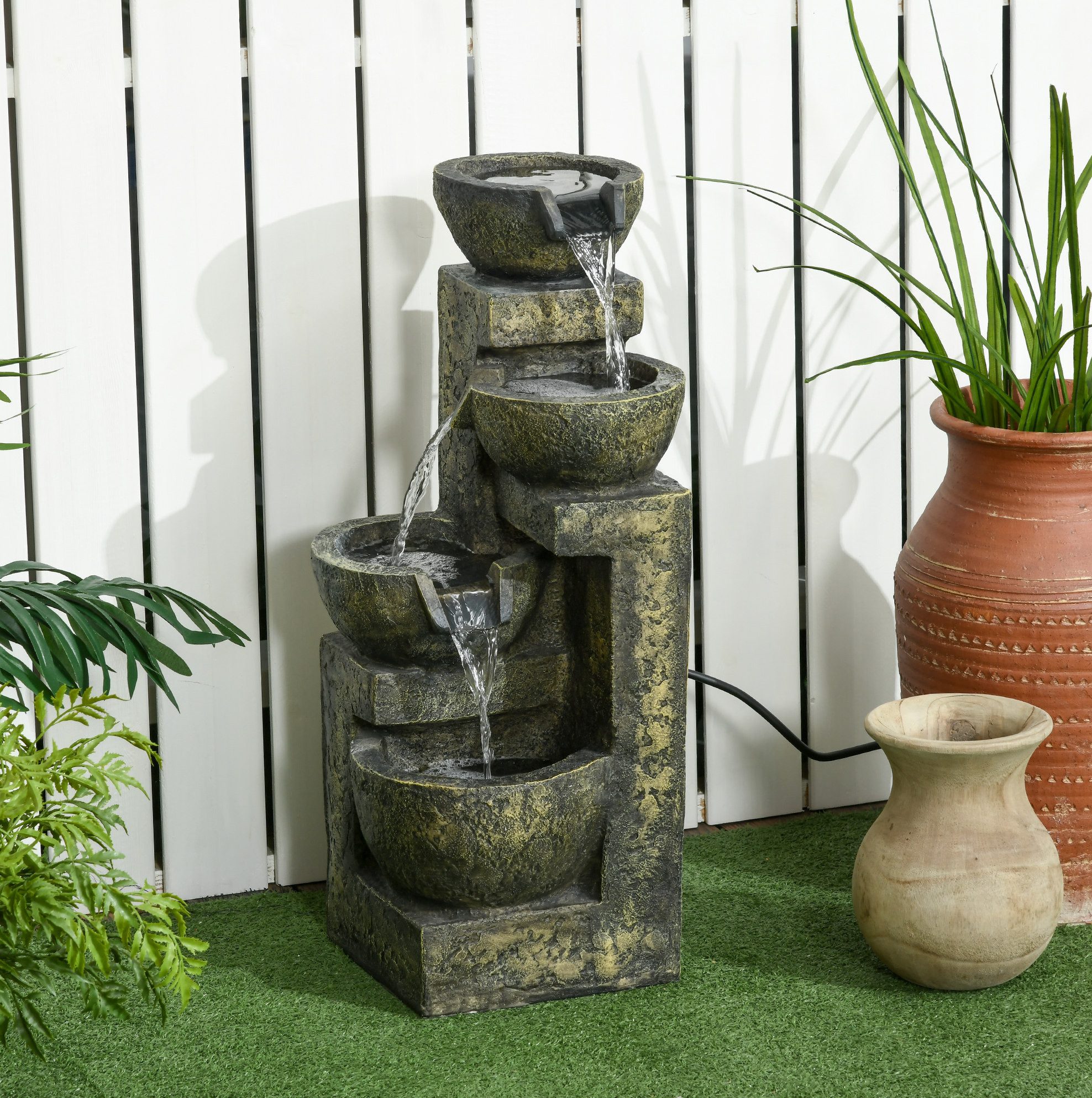 OKWISH Gartenbrunnen 25 x 24 x 60 cm, Springbrunnen mit 4 Stufen für Garten und Teich, (Packung, 1 tlg), Wasserspiel Wasserfall aus Kunstharz, einstellbare Wasserströmung