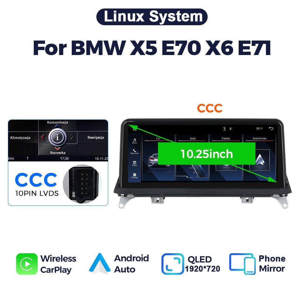 GABITECH Für BMW X5 X6 E70 E71 CCC 10.2" Touchscreen Android GPS Carplay Einbau-Navigationsgerät (Wireless Carplay und Android Auto, Linux System)