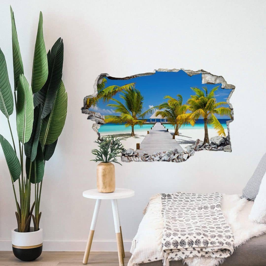 K&L Wall Art Wandtattoo 3D Palmen Insel Aufkleber Sommer Urlaub Der Weg ins Paradies, Mauerdurchbruch selbstklebend