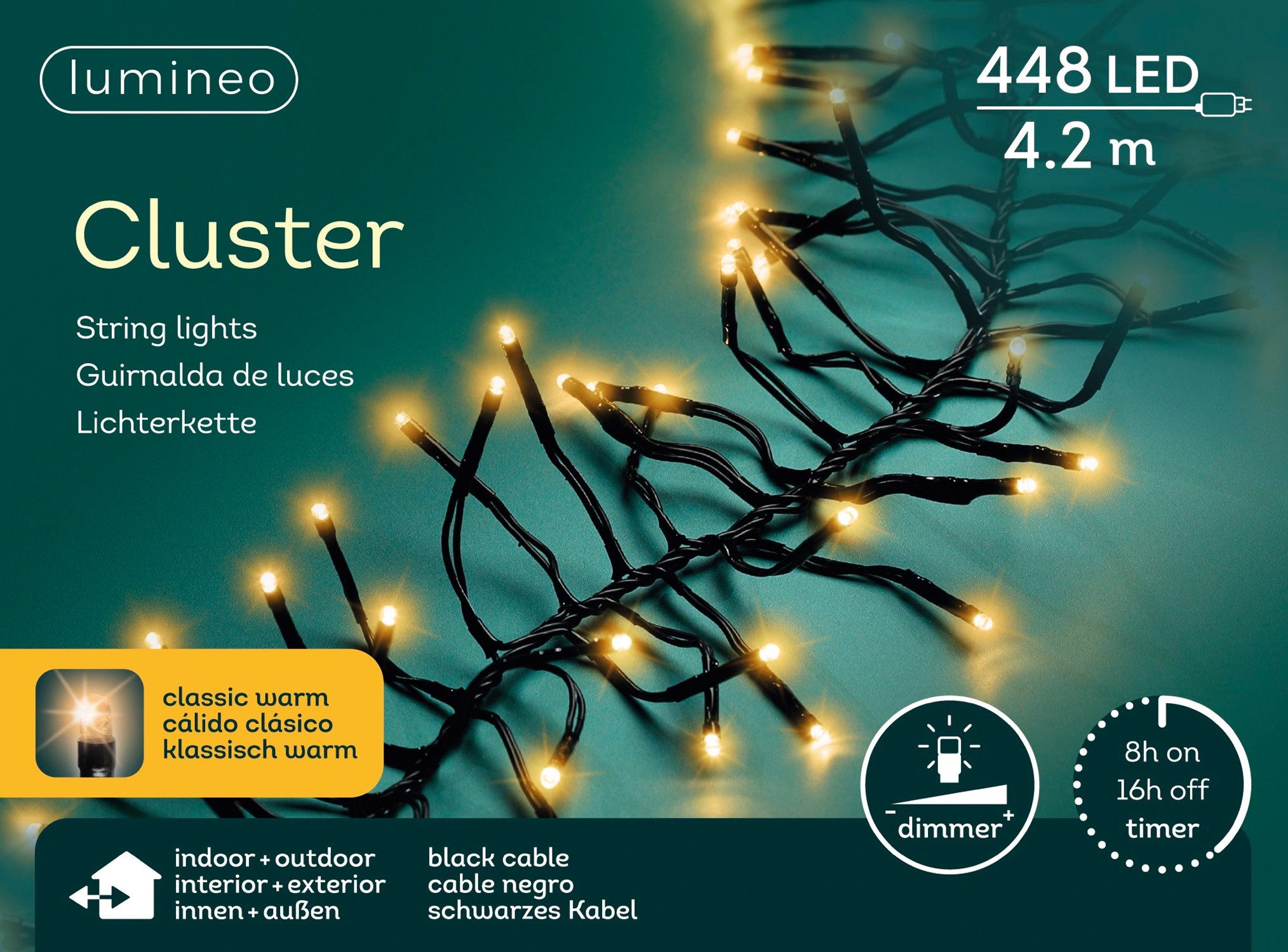 Lumineo LED-Lichterkette Lumineo Lichterkette CLUSTER 448 LED 4,2 m klassisch warm, schwarz, Indoor/Outdoor, dimmbar, 8h-Timer, + 5 m Zuleitung