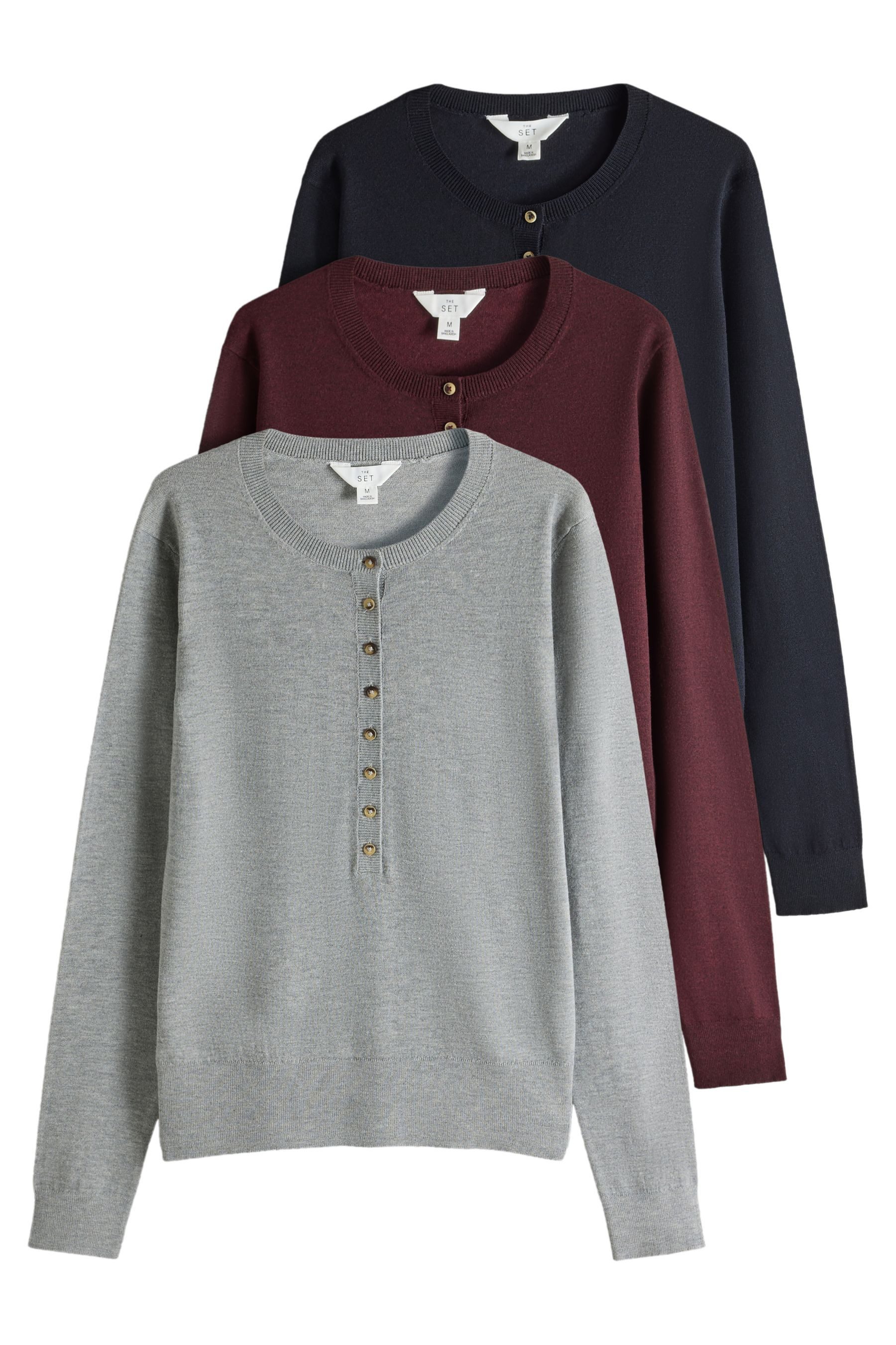 The Set Strickpullover The Set Henley-Pullover mit Wollanteil, 3er-Pack (3-tlg)
