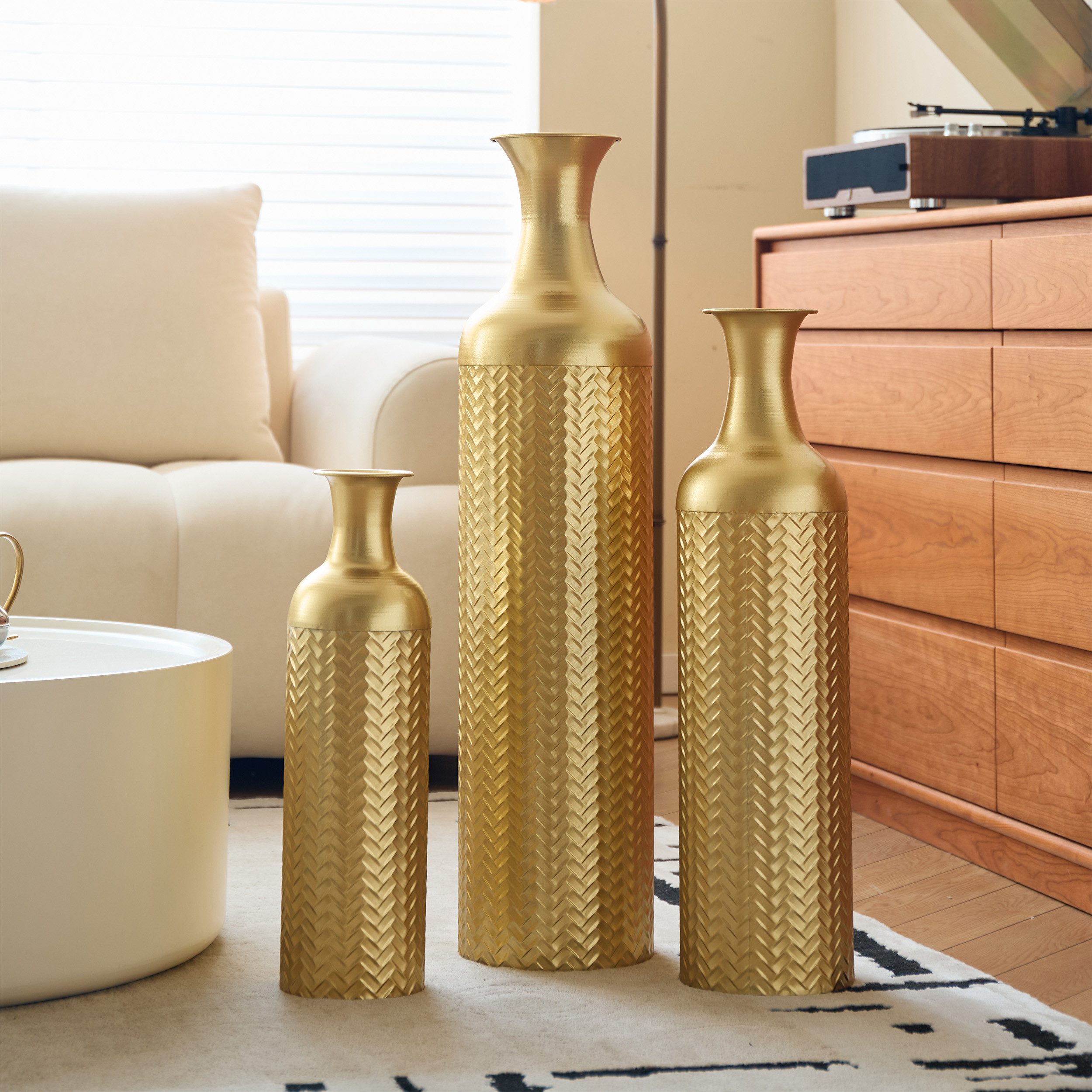 KLAM HOME Bodenvase Große Bodenvase 3er Set aus Metall, (50/65/83 cm), Mid-Century Modern (Dekovase Boden bis zur Decke reichende Vase, hohe dekorative Vase), V – Bild 4 von 5