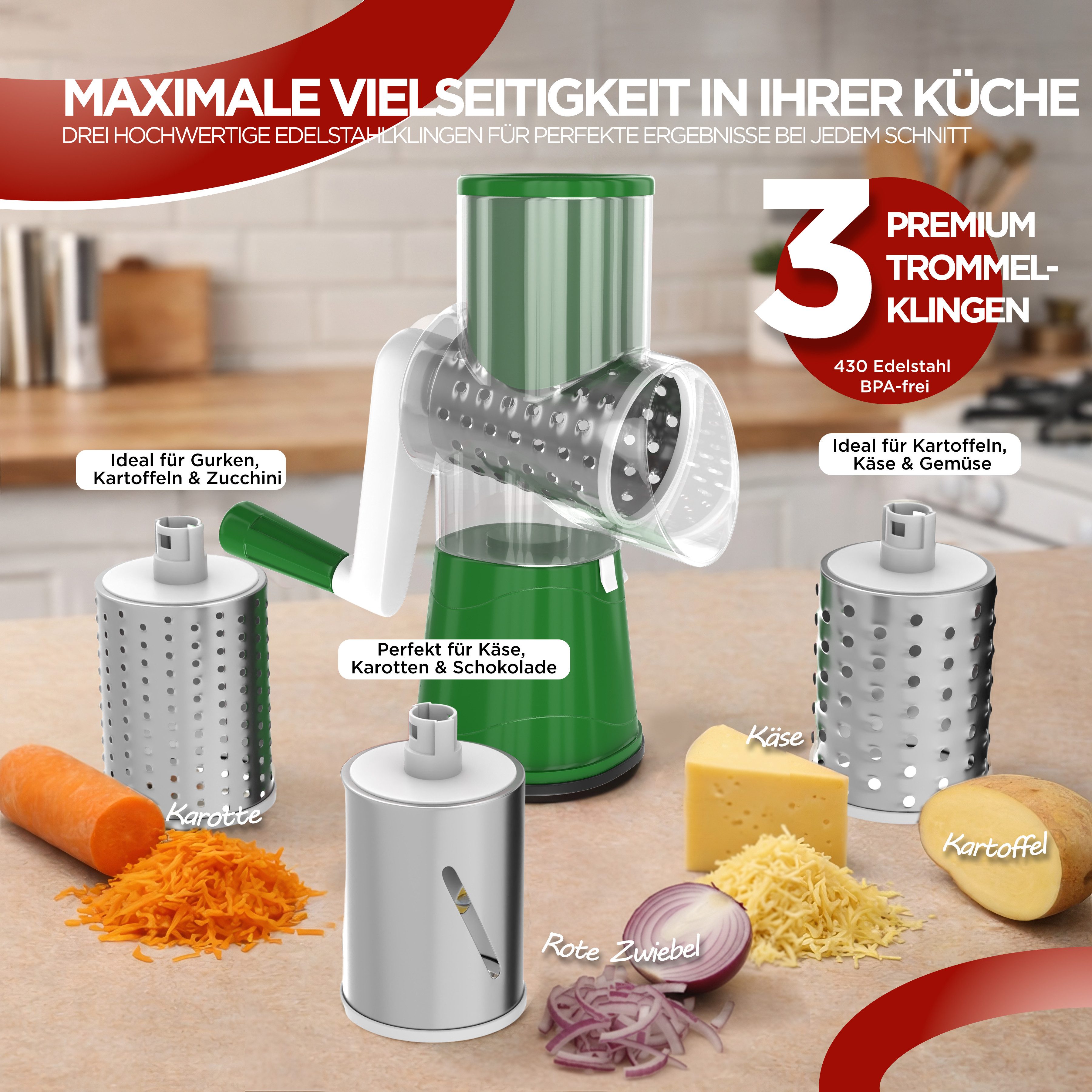 BI International Gemüseschneider Gemüseschneider mit Kurbel, Trommelreibe mit 3 Edelstahl-Klingen – Bild 2 von 5