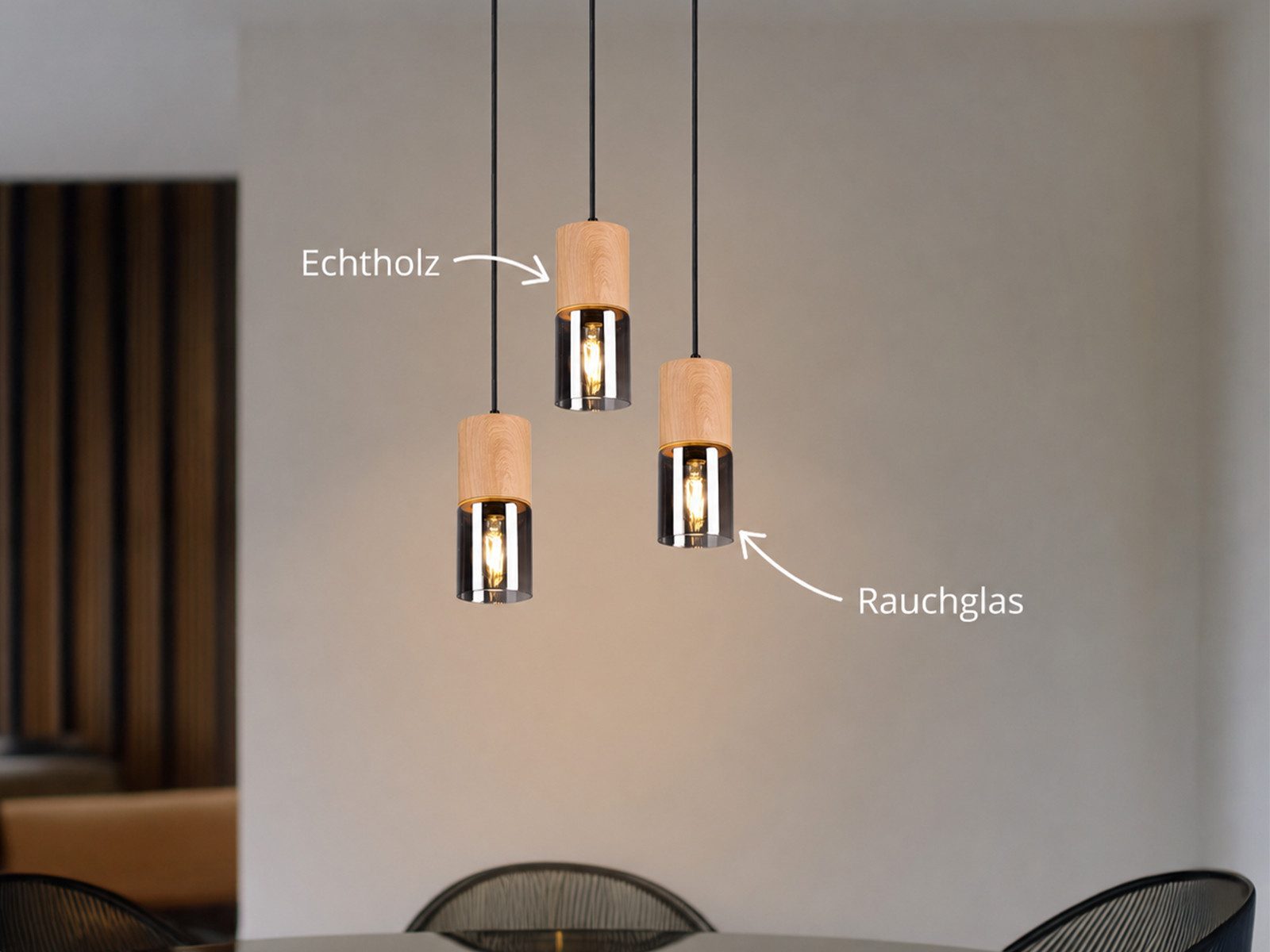 meineWunschleuchte Pendelleuchte mit Holz & Rauchglas Ø 37cm, ohne Leuchtmittel, moderne Cluster Esszimmerlampe mehrflammig, E27 Esstischlampe hängend – Bild 3 von 5