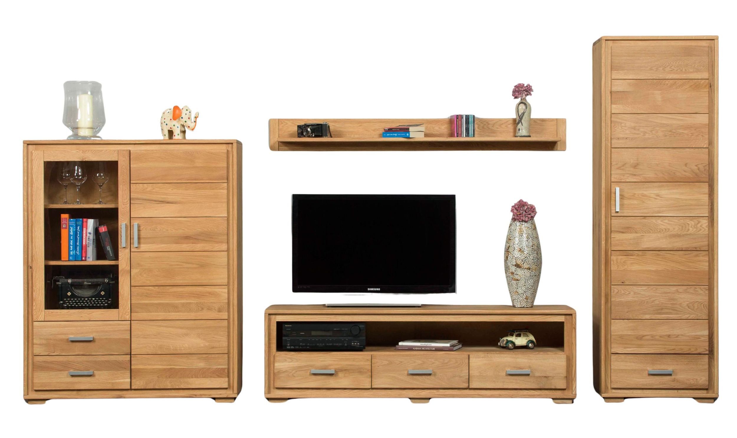 Trendmöbel24 Wohnwand Wohnzimmerschrank Basel Set VI 4-teilig Wildeiche Massivholz, (Komplett-Set, 4-St., Schrank, Lowboard, Highboard, Wandboard)
