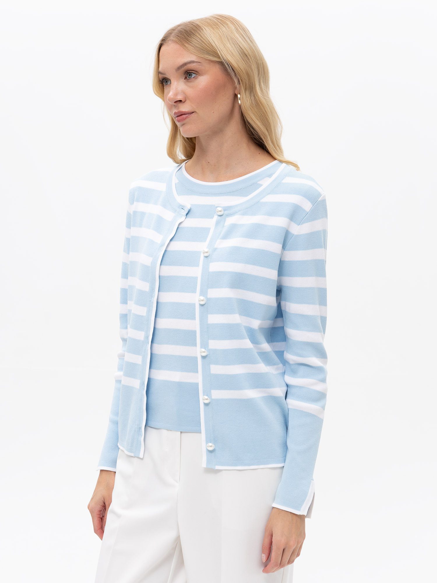 Passioni 2-in-1-Strickjacke Twinset mit hellblauen Streifen Perlenknöpfe – Bild 5 von 5