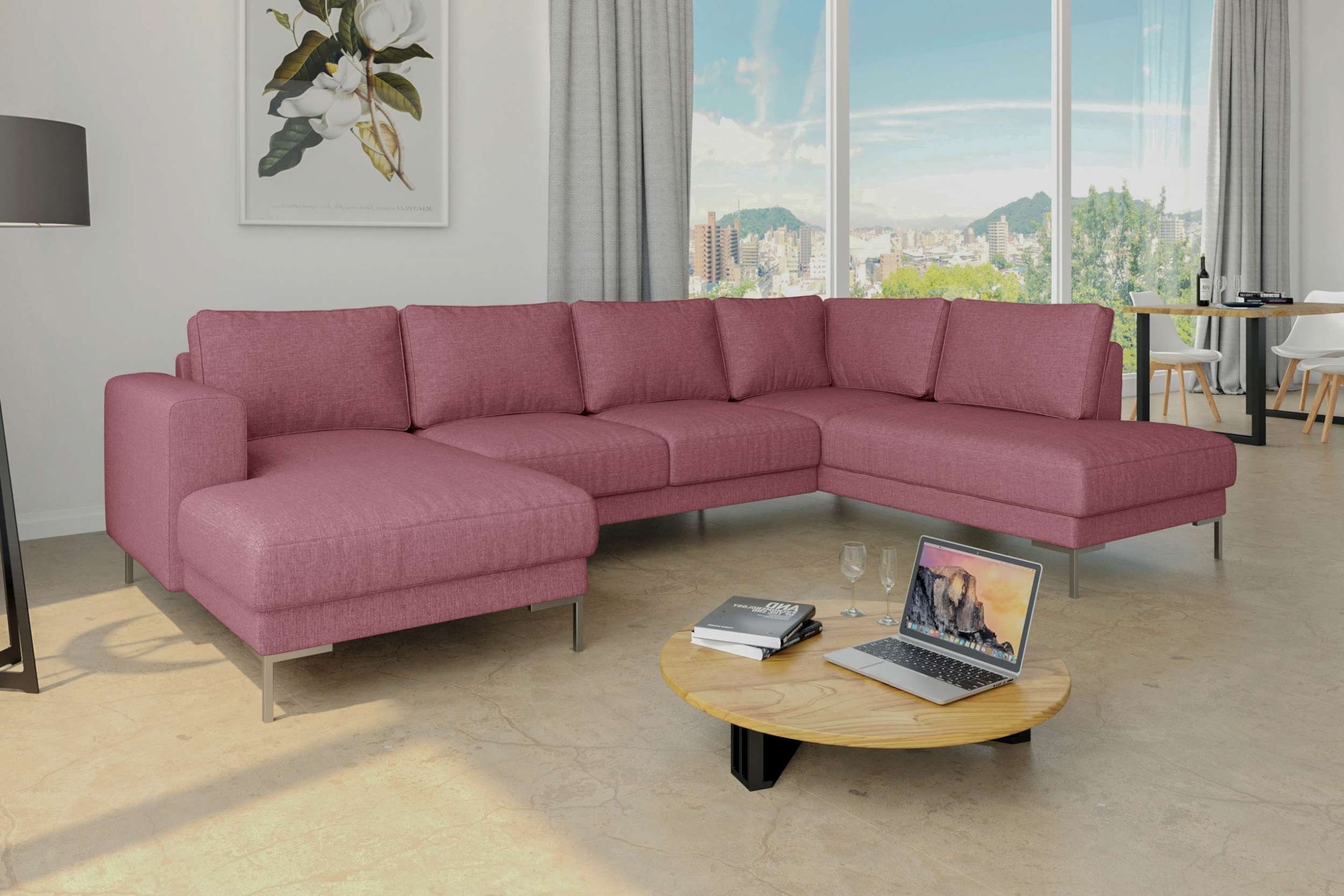 Stylefy Wohnlandschaft Santini, Sofa, U-Form, mane links oder rechts bestellbar, frei im Raum stellbar, Modern Design, mit Wellenfederung, Metall Rosa