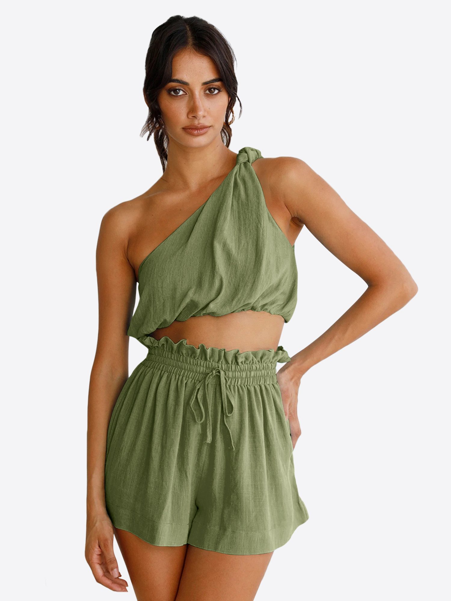 Imily Bela Hausanzug Damen 2-teiliges Sommer Set (Set, 2 tlg., One-Shoulder Crop Top + Shorts) One-Shoulder