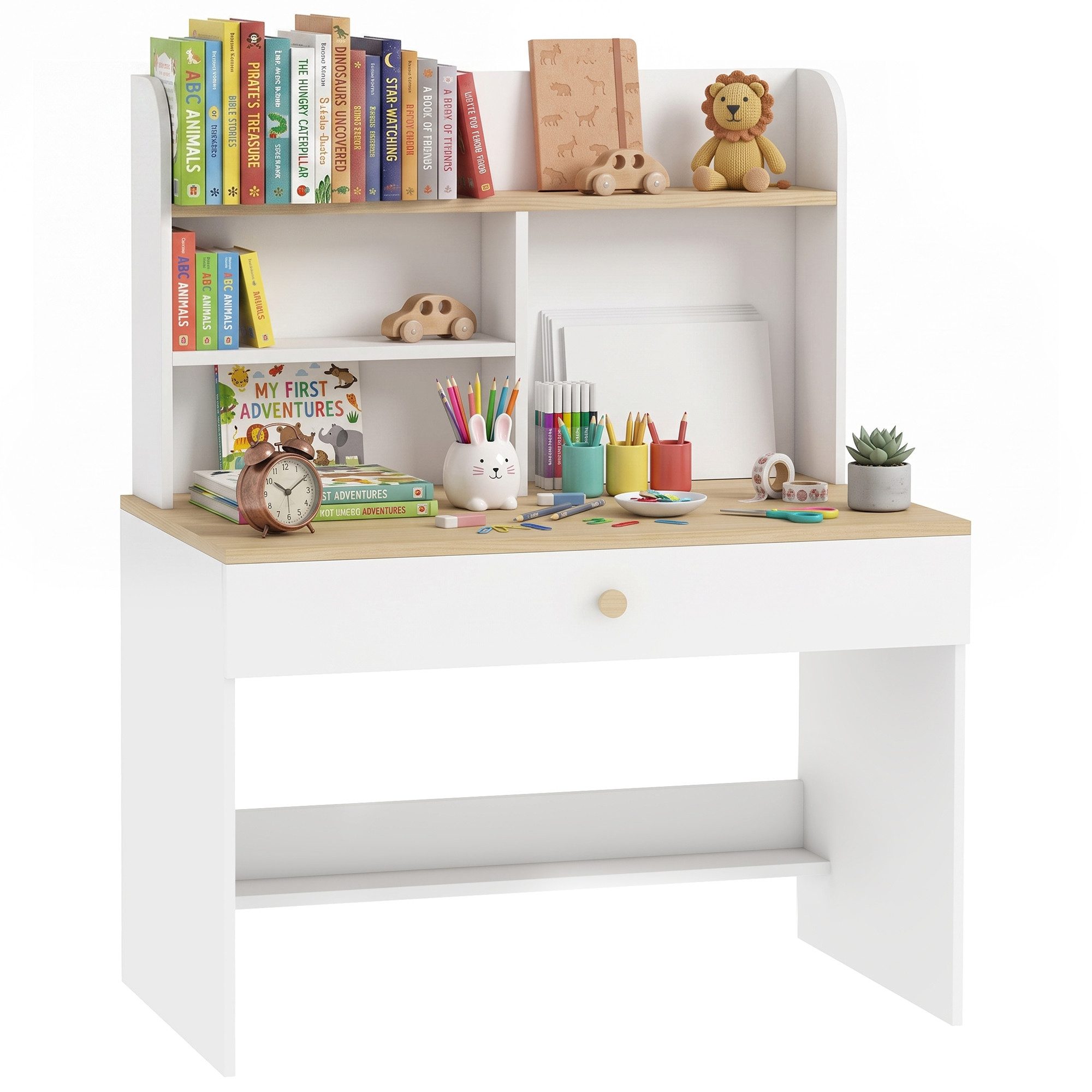 AIYAPLAY Schreibtisch Kinderschreibtisch mit Schublade Bücherregal Stauraum (Jugendschreibtisch, 1-St., Schülerschreibtisch), für Kinder 3-8 Jahre, 80 x 50 x 100 cm Weiß