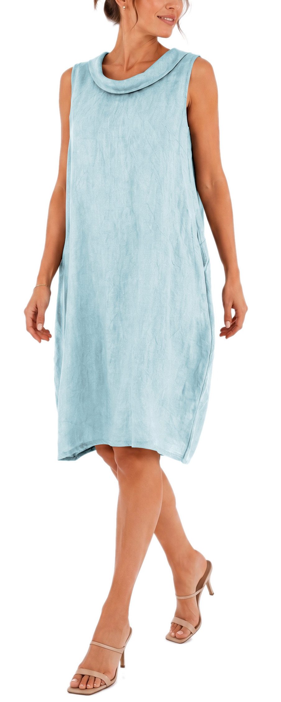 dy_mode Midikleid Damen Leinenkleid Luftiges Midi Sommerkleid Ballonkleid Strandkleid in Unifarbe, Wasserfallkragen, mit seitlichen Eingriffstaschen – Bild 2 von 5