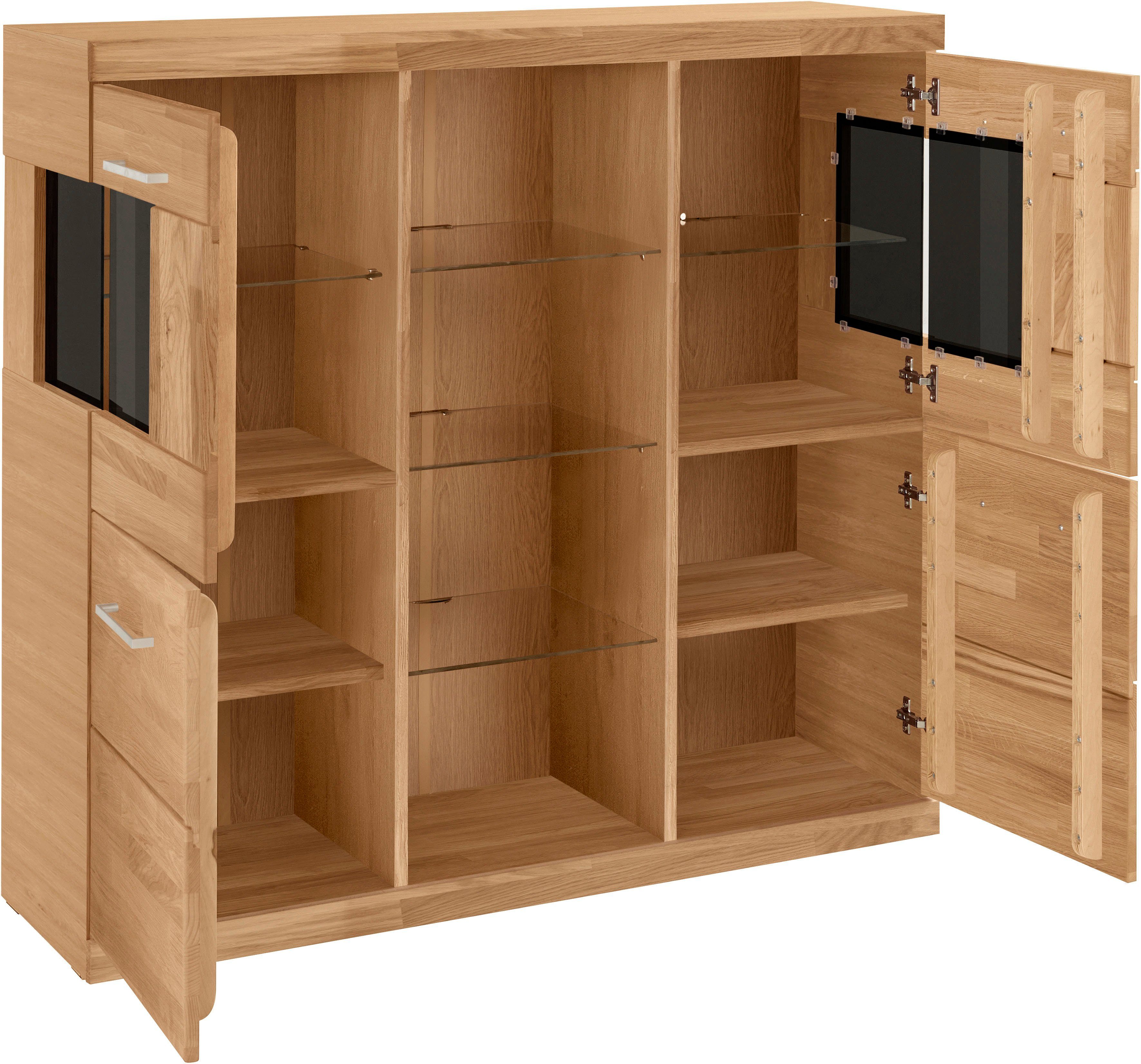 OTTO home Highboard Ribe,120cm breit,112cm hoch,Oberplatte massiv,12 Fächer, Holz massiv, Holzwerkstoff, Metall Griffe,2Türen mit Glaseinsatz