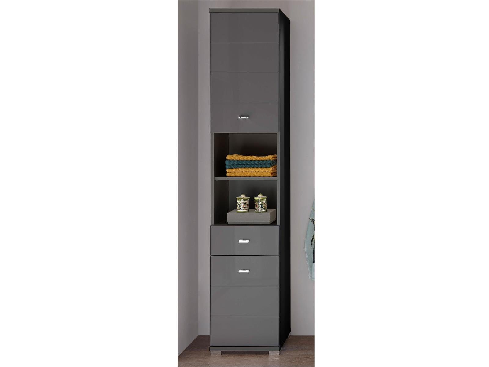 Hochschrank, Peter 190 Hochglanz Höhe cm Anthrazit, Anthrazit Front 38 MDF cm, tiefzieh in aus 3 Korpus 2 30 1 Türen in Spanplatte Einlegeböden. aus Hochschrank Schubkasten, Tiefe Breite Moderner cm, möbelando mit