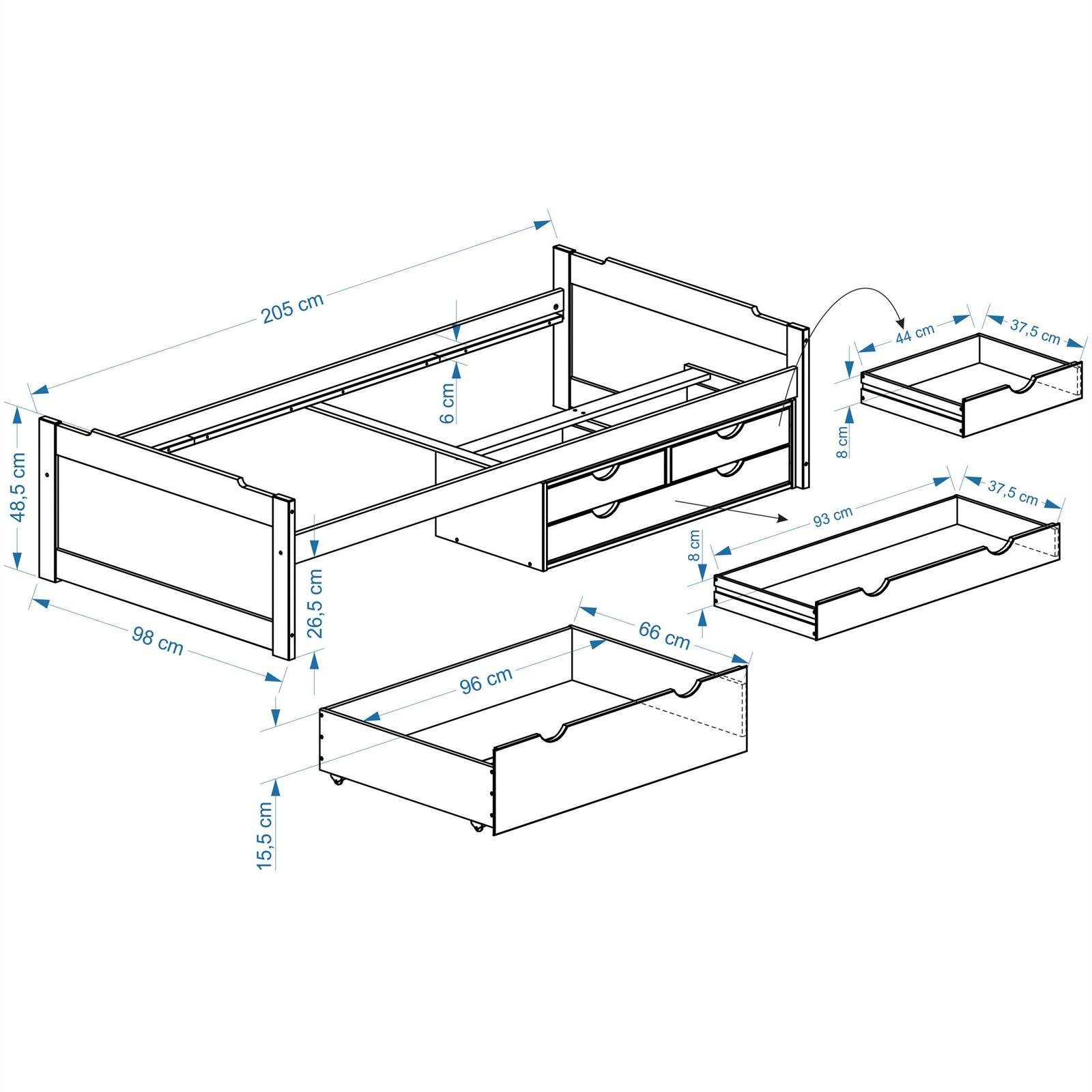 IDIMEX massiv ANDREA, Kiefer mit 4 Schubladen in Funktionsbett Bett weiss Bett mit Stauraum aus weiß Hol