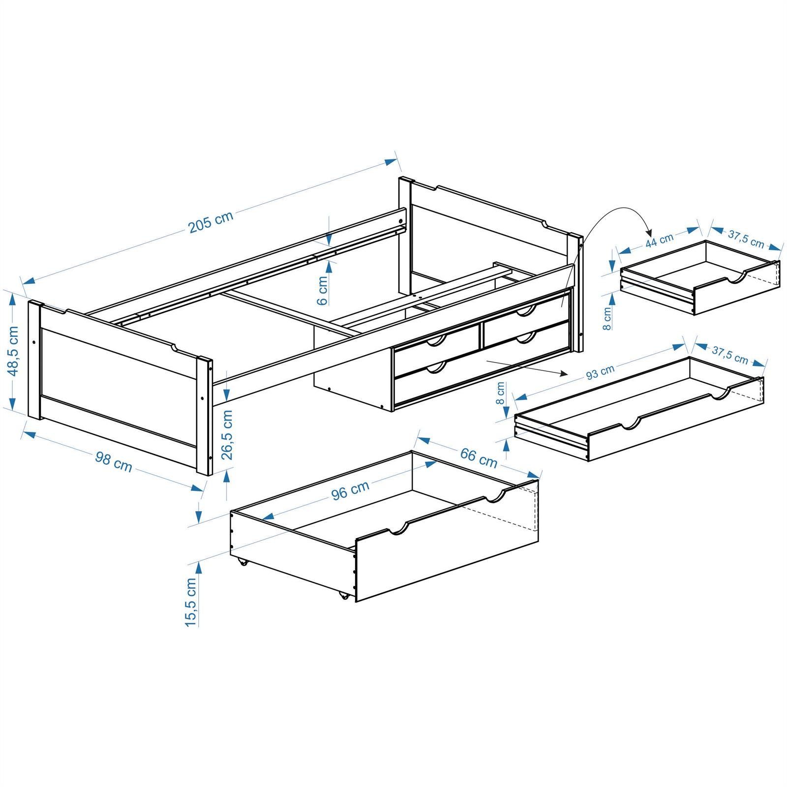 IDIMEX Funktionsbett ANDREA, Bett mit Stauraum Kinderbett Gästebett 4 Schubladen Bett 90x200 cm