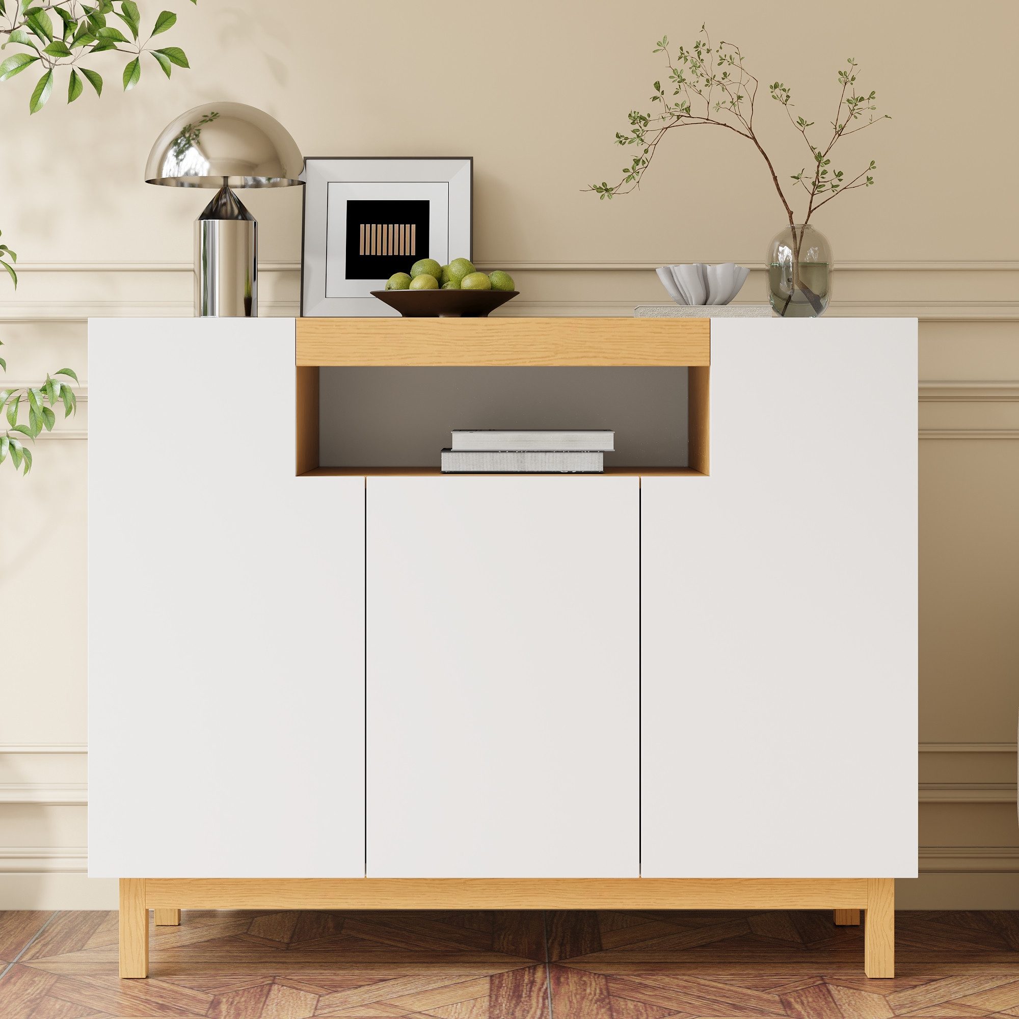 Merax Sideboard in Holzoptik, Buffetschrank, Wohnzimmerschrank (1 St), Kommode mit 3 Türen, offenem Regal & Stauraum, Anrichte, 120,5x42x96cm