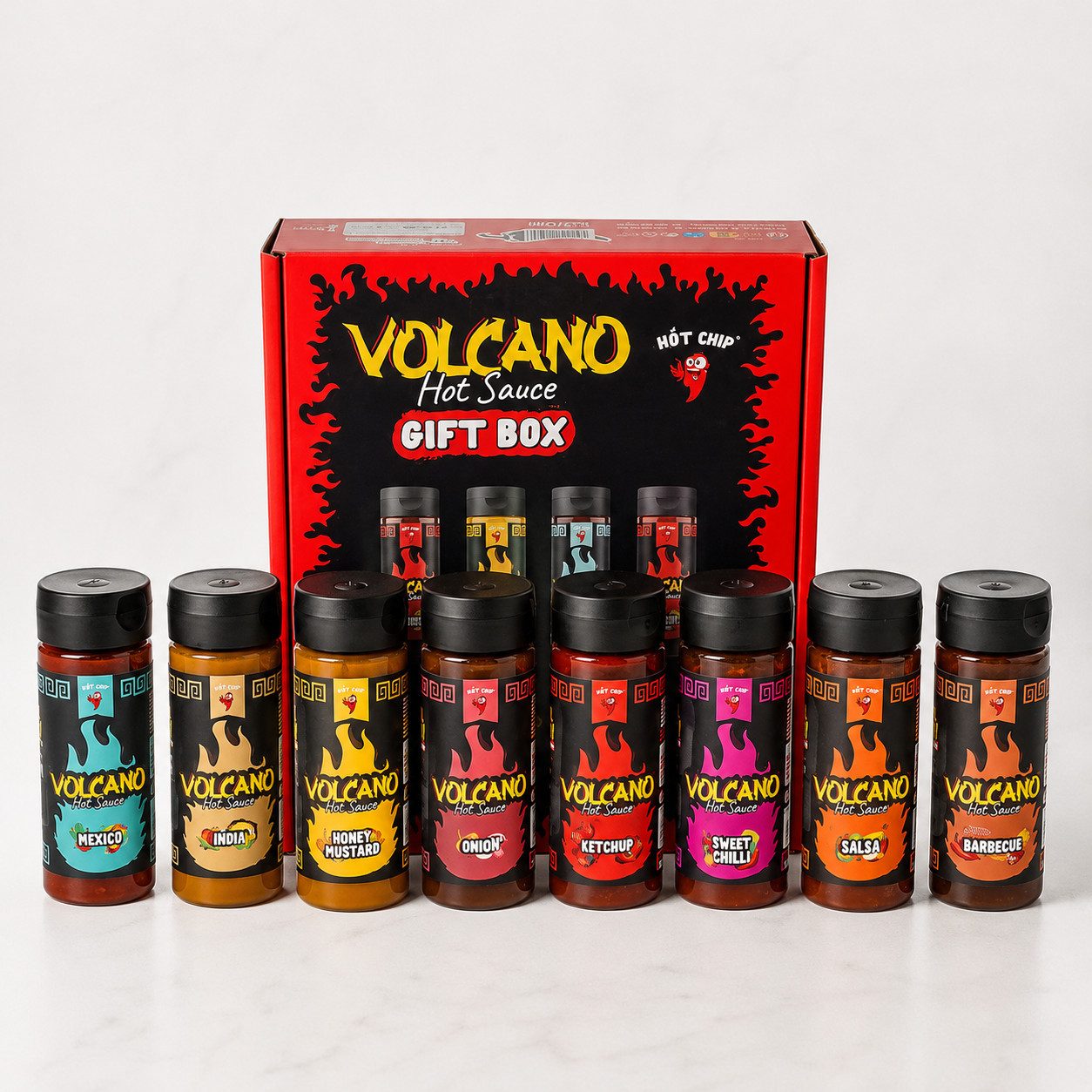 Candy & Bar Saucen HOT-CHIP Volcano Chili-Saucen Geschenkset – 8 × 270 ml