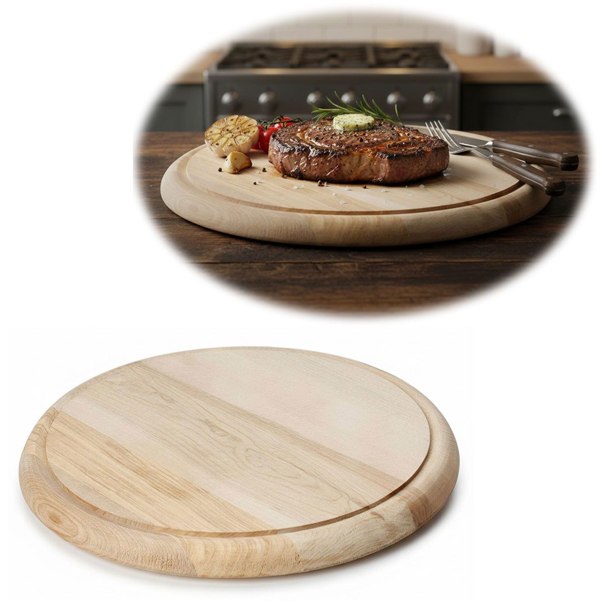 LS-LebenStil Servierbrett Holz Fleischteller Servierteller 25cm FSC Birke Rund Schneidebrett, Holz, (Schneidebrett mit Saftrille Küchenbrett Brotzeitbrett, 1-St., Vesperbrett Servierteller Pizzateller Käsebrett Holzbrett), FSC zertifiziert