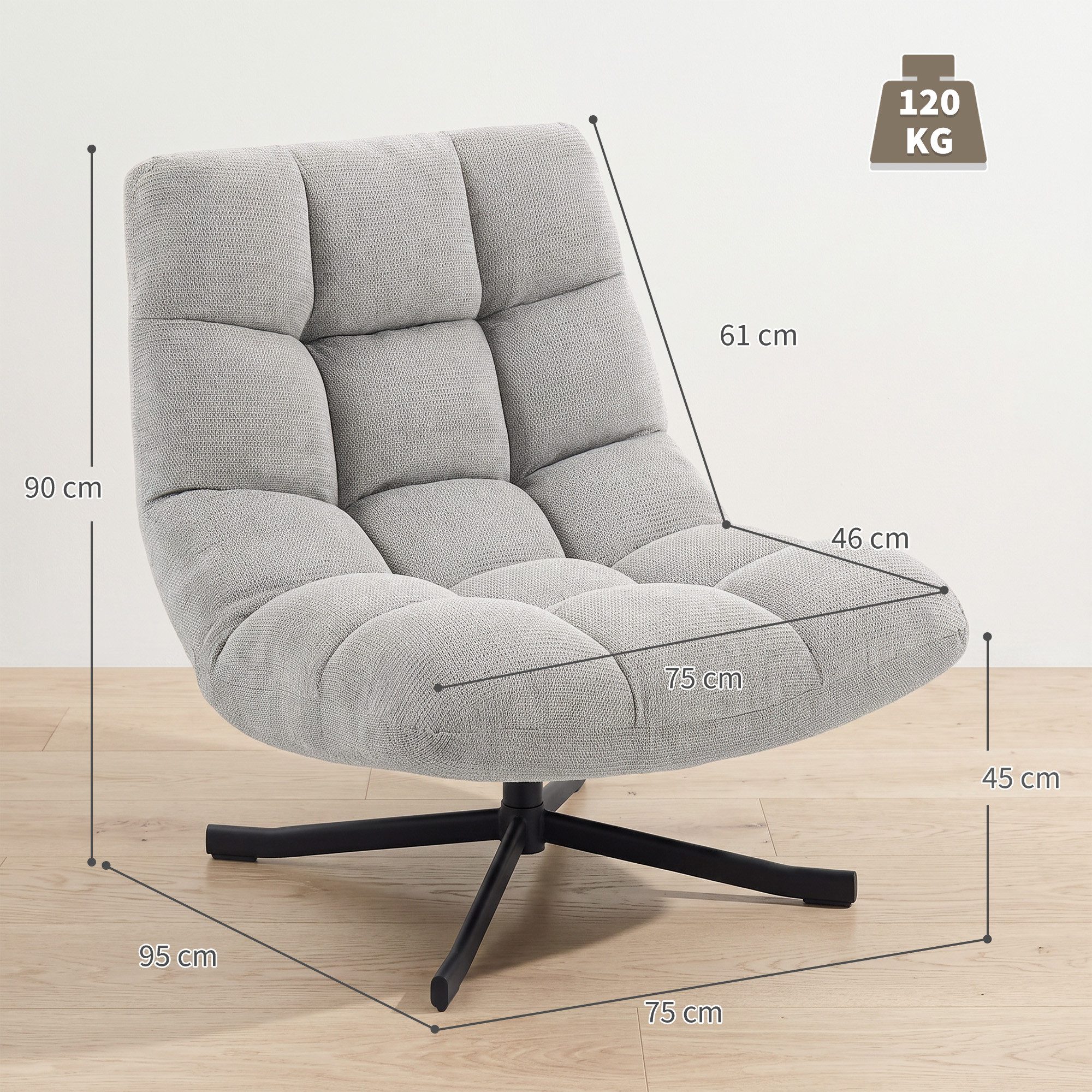 HOMCOM Relaxsessel Sessel Drehbar mit Breiter Sitzfläche, gepolstert (gepolstert Sessel, 1-St., Drehbar Loungesessel), für Wohnzimmer, Schlafzimmer, Hellgrau