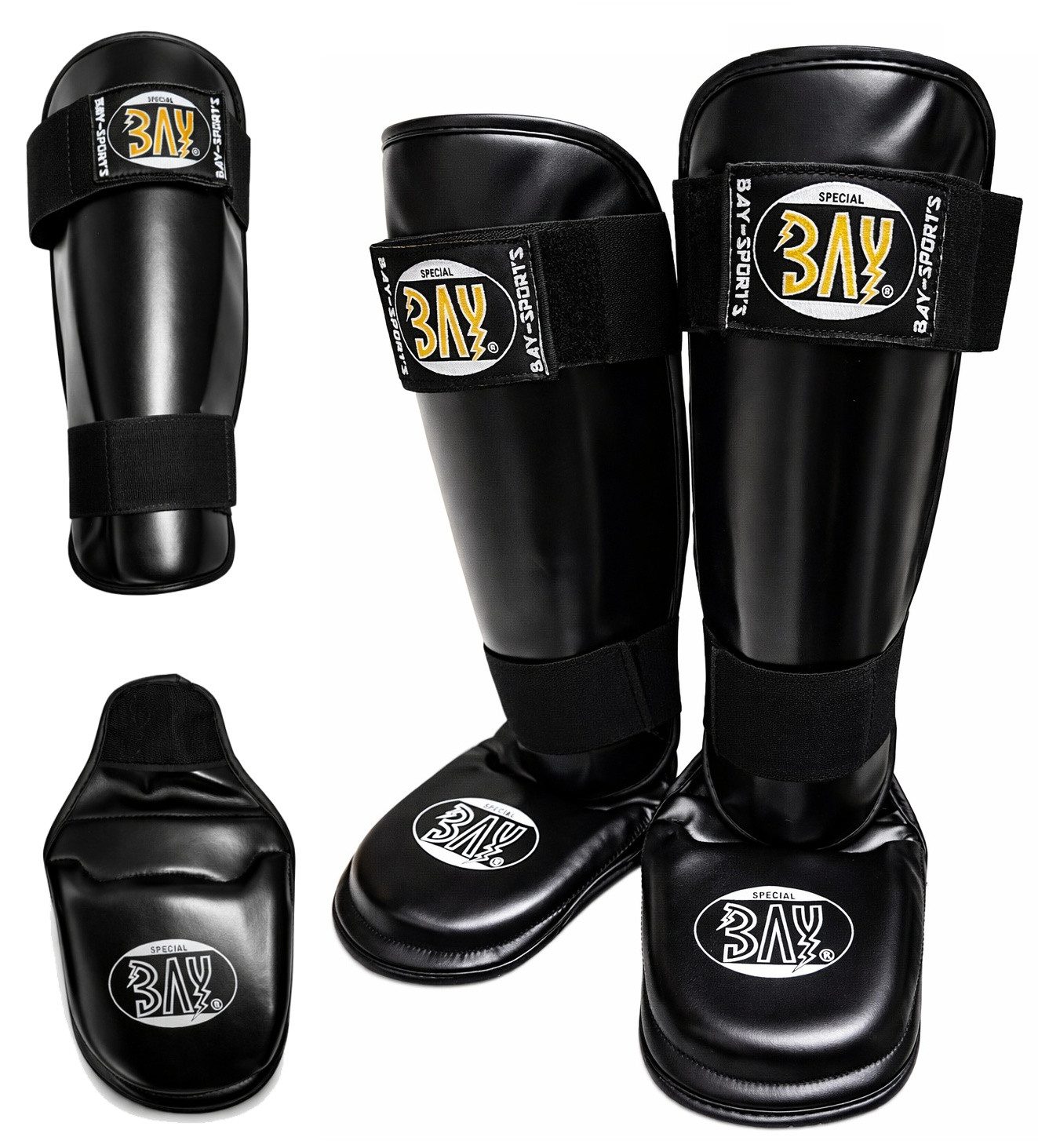 BAY-Sports Schienbeinschutz Spann-Schienbeinschoner Kampfsport Kickboxen Karate Thaiboxen Two Part (Paar, Paar), Kunstleder, feucht abwischbar, Spann abtrennbar, XS - XL