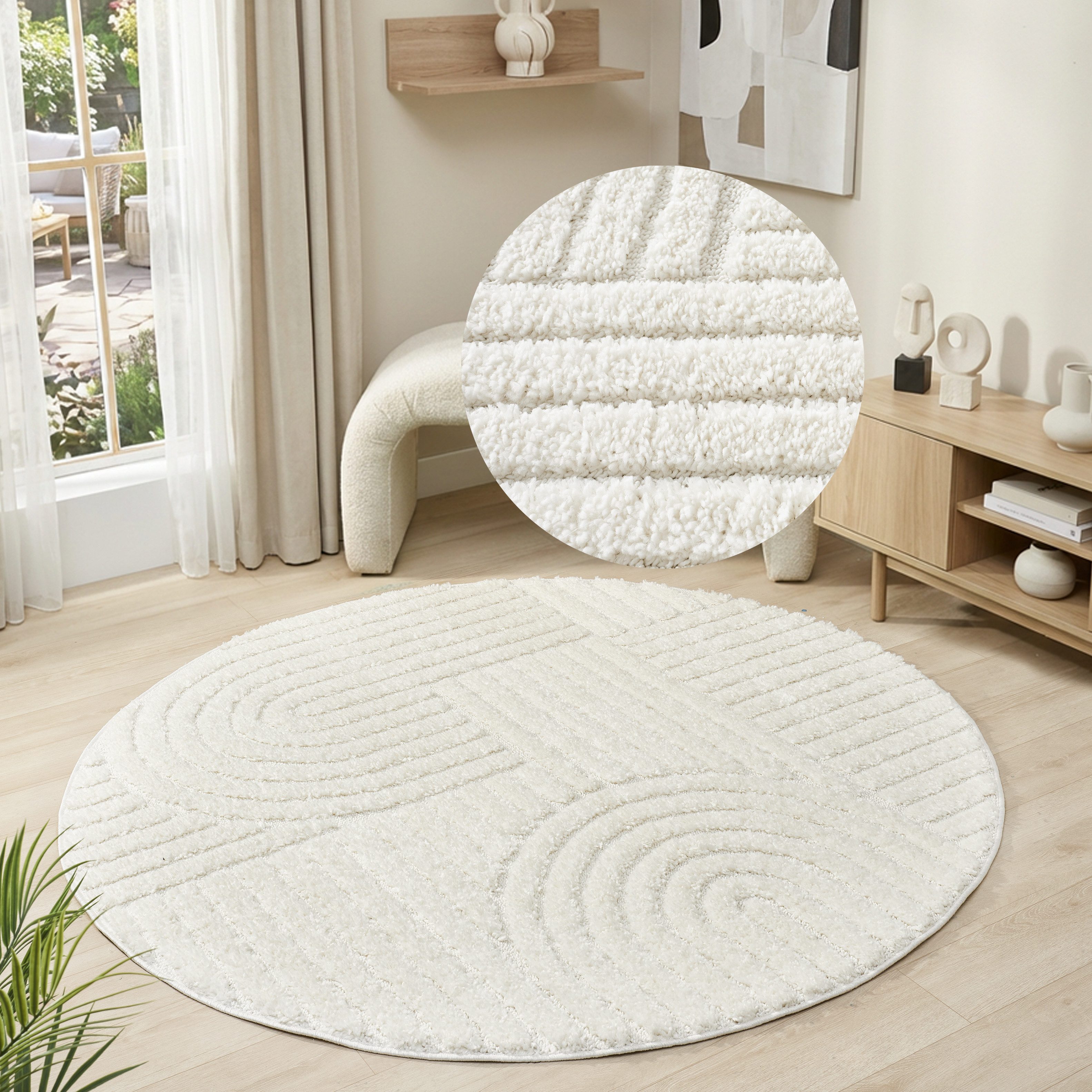 OTTO home Teppich Jonne, Boho-Design, Scandi, Designteppich, rund, Höhe: 20 mm, Hoch-Tief, 3D Optik, skandinavischer Stil, Wohnzimmer, Schlafzimmer