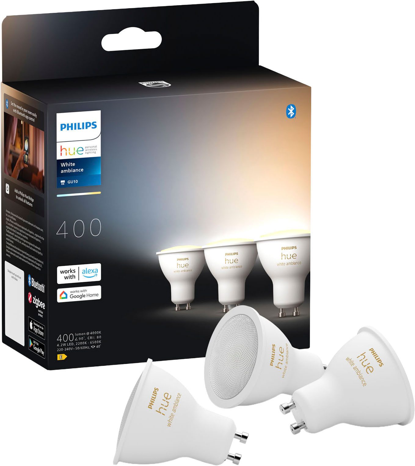 Philips Hue LED-Leuchtmittel White Ambiance 400lm, GU10, 3 St., Farbwechsle günstig online kaufen