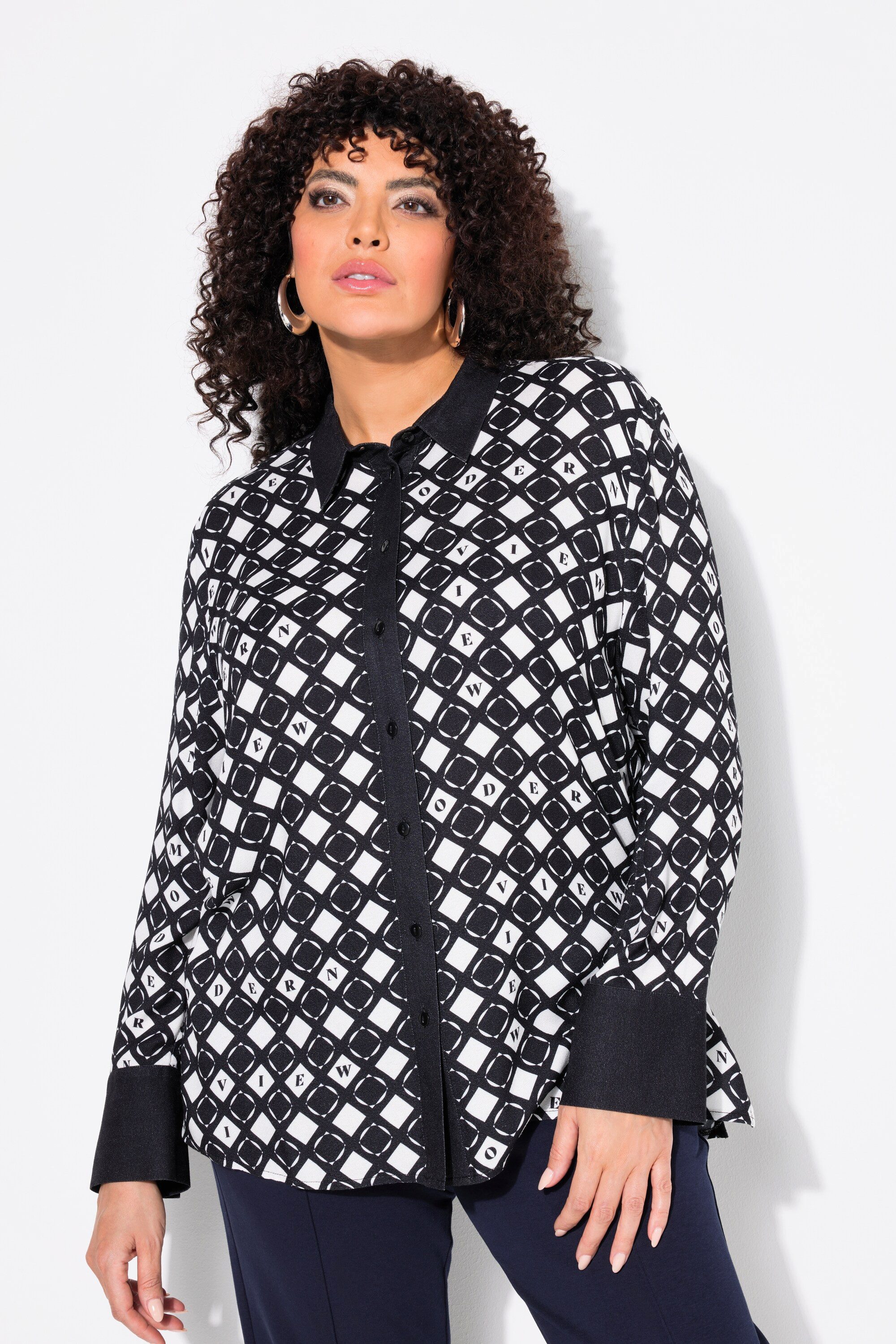 Ulla Popken Hemdbluse Hemdbluse grafischer Druck Hemdkragen Langarm günstig online kaufen