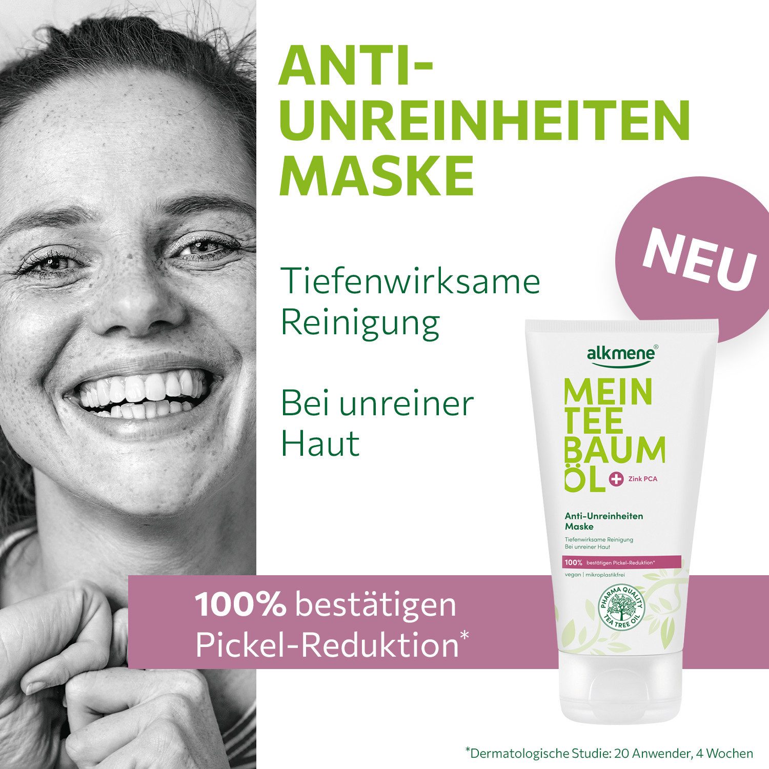alkmene Gesichtsmaske 150 ml Teebaumöl Maske gegen Pickel, Mitesser & Unreinheiten - vegan, 2-tlg.