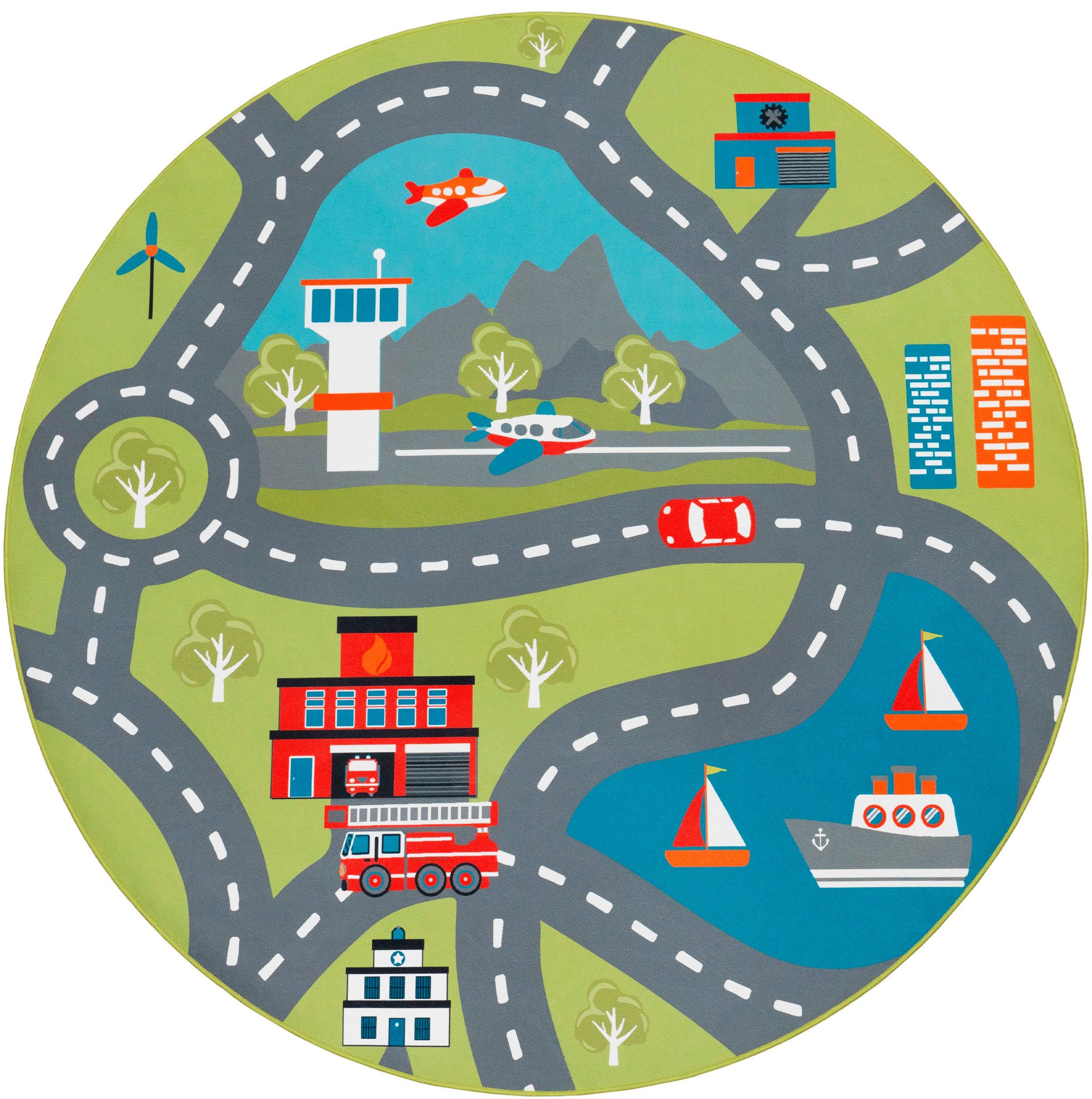 Paco Home Kinderteppich Bino 562, rund, Höhe: 4 mm, Kurzflor, Straßen-Spiel-Teppich, Motiv Flughafen, Kinderzimmer