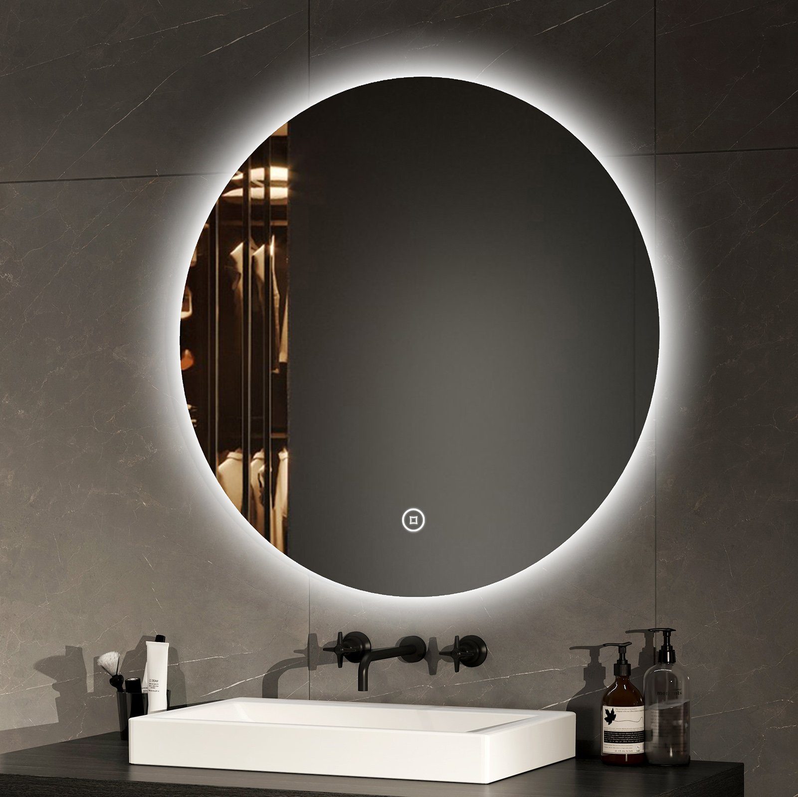 EMKE Badspiegel Badspiegel Rund mit Beleuchtung LED Wandspiegel Badezimmerspiegel, 3 Farben des Lichts, Dimmbar, Intelligenter Touchschalter