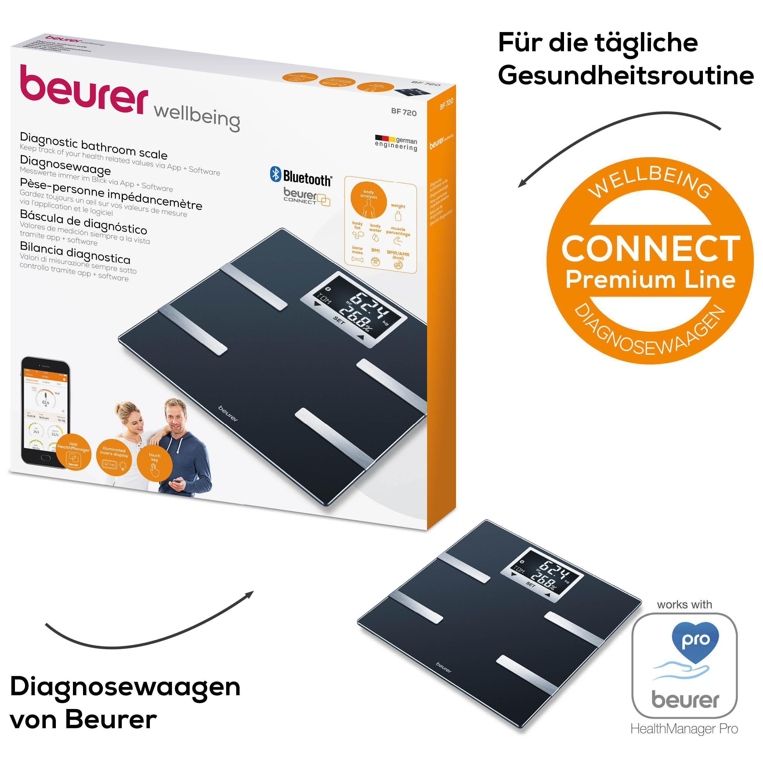 BEURER Körper-Analyse-Waage BF 720 Messung von Körperfett, Muskelanteil, Kalorienanzeige usw., Körperanalyse, mit App zur Übertragung und Tracking der Messwerte