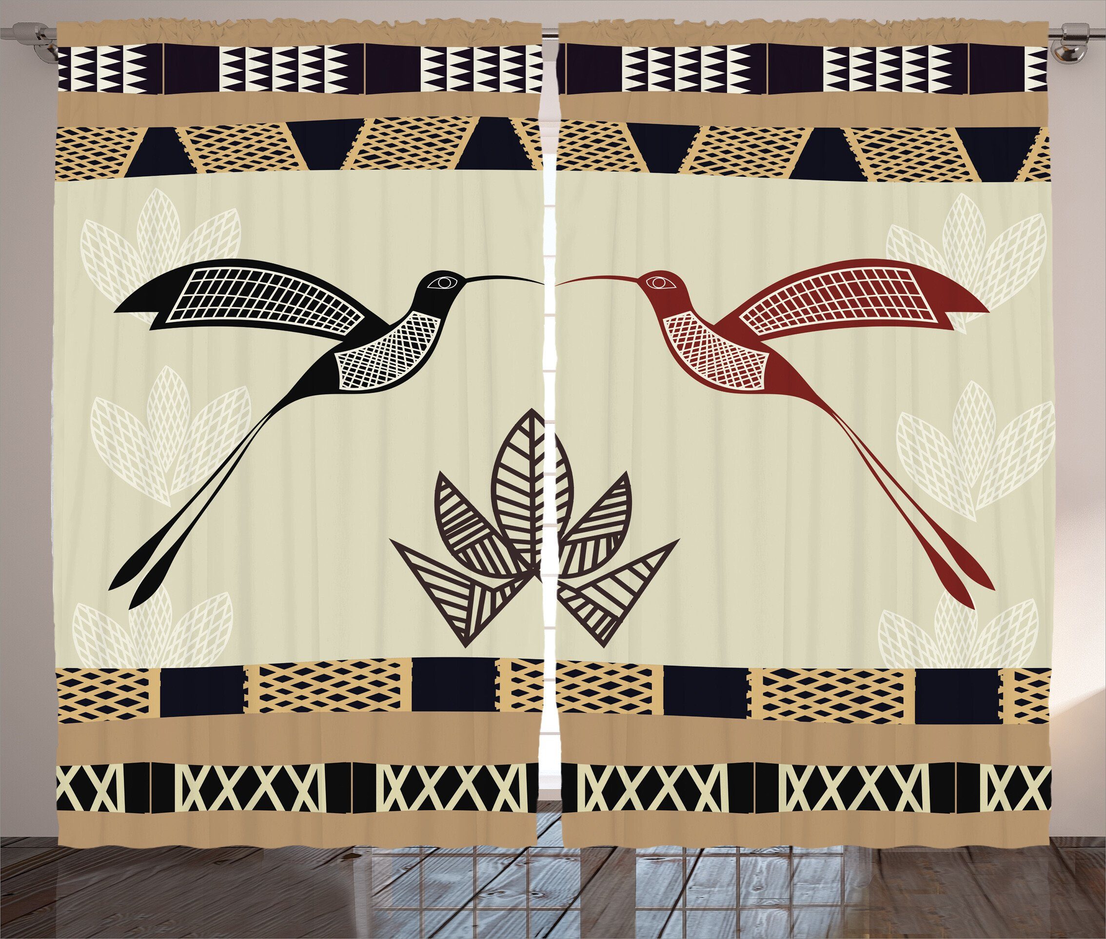 Gardine Schlafzimmer Kräuselband Vorhang mit Schlaufen und Haken, Abakuhaus, Stammes Bambusblatt-Vogel-Kunst