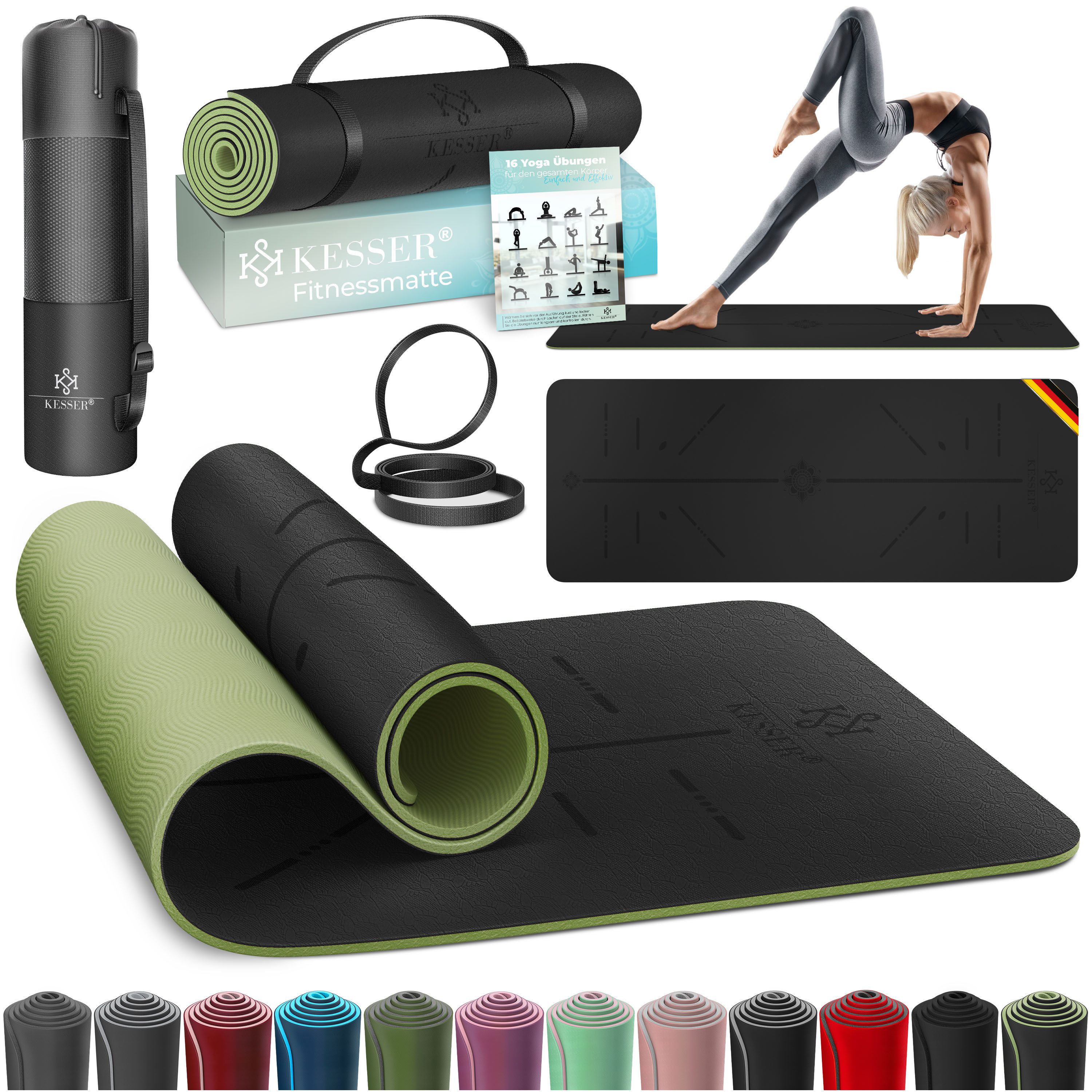 KESSER Yogamatte, Gymnastikmatte + Tragegurt rutschfest TPE Yogamatte gepolstert
