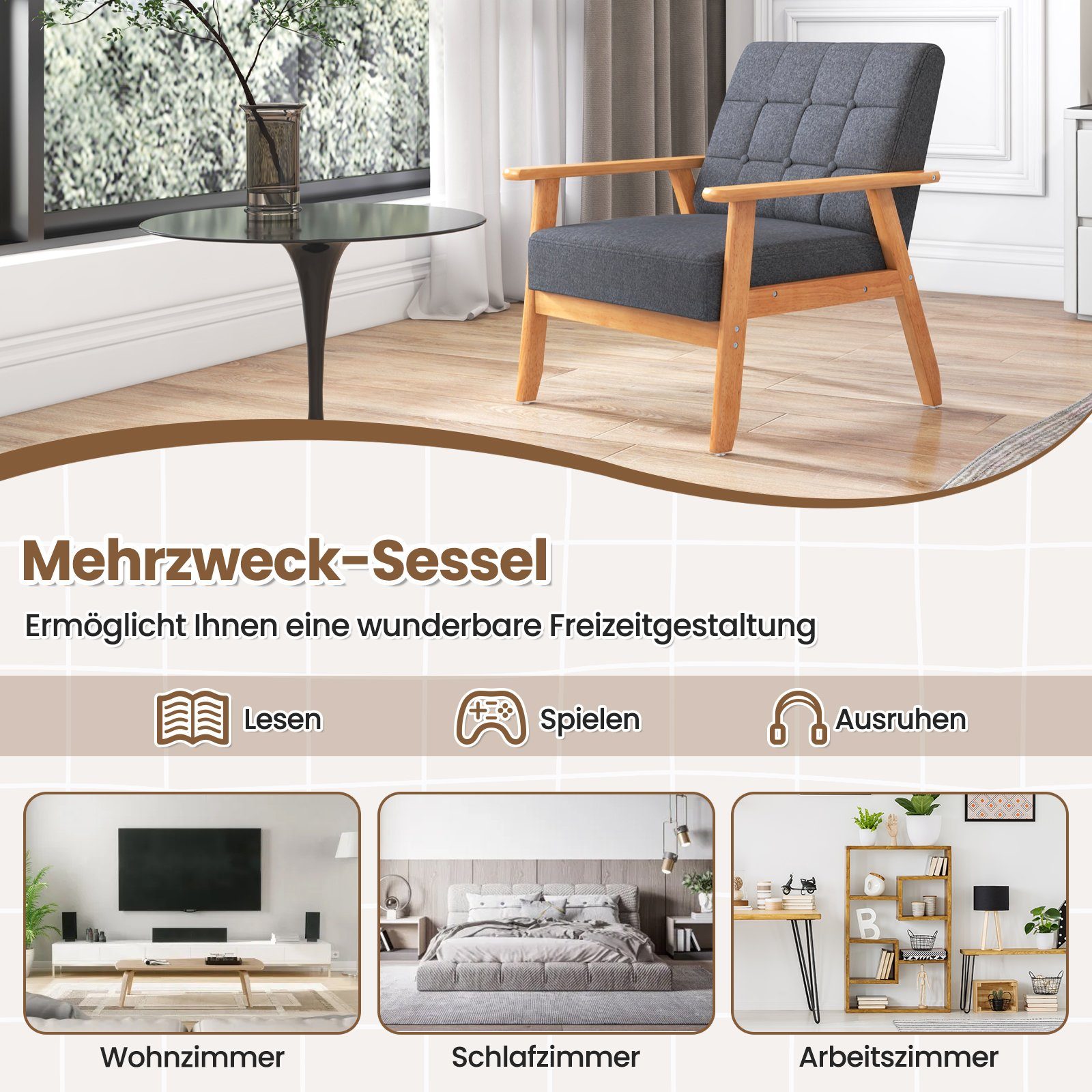 COSTWAY Relaxsessel, gepolstert, Massivholz, mit Knopfsteppung, grau, 150kg