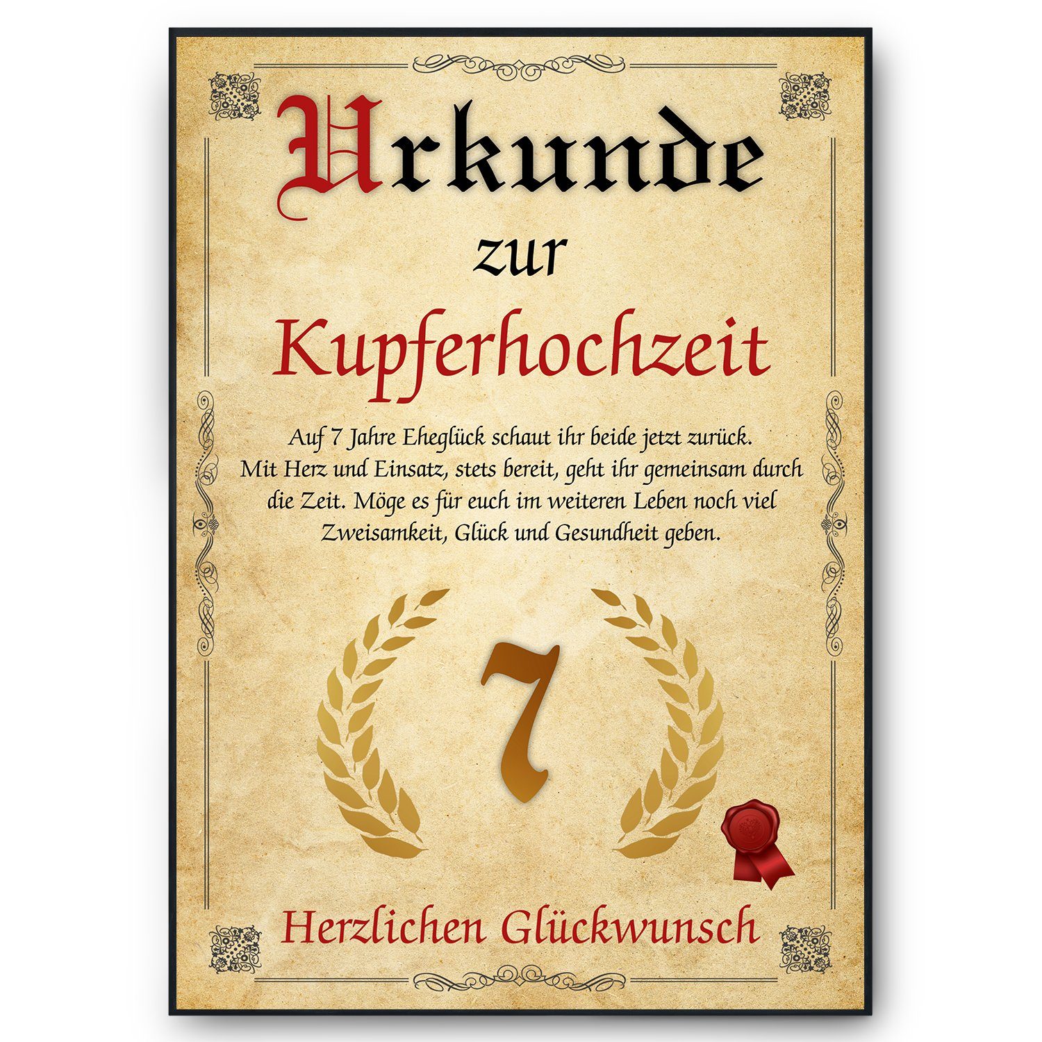 Tigerlino Poster Urkunde zum 7. Hochzeitstag Geschenk 7. Jahrestag Karte Ehepaar, Kupferhochzeit