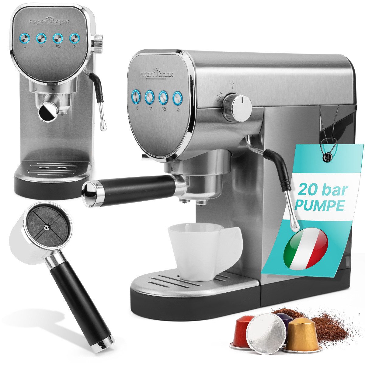ProfiCook Espressomaschine PC-ES-KA 1265, Espressomaschine für Kaffeepulver und Kapseln