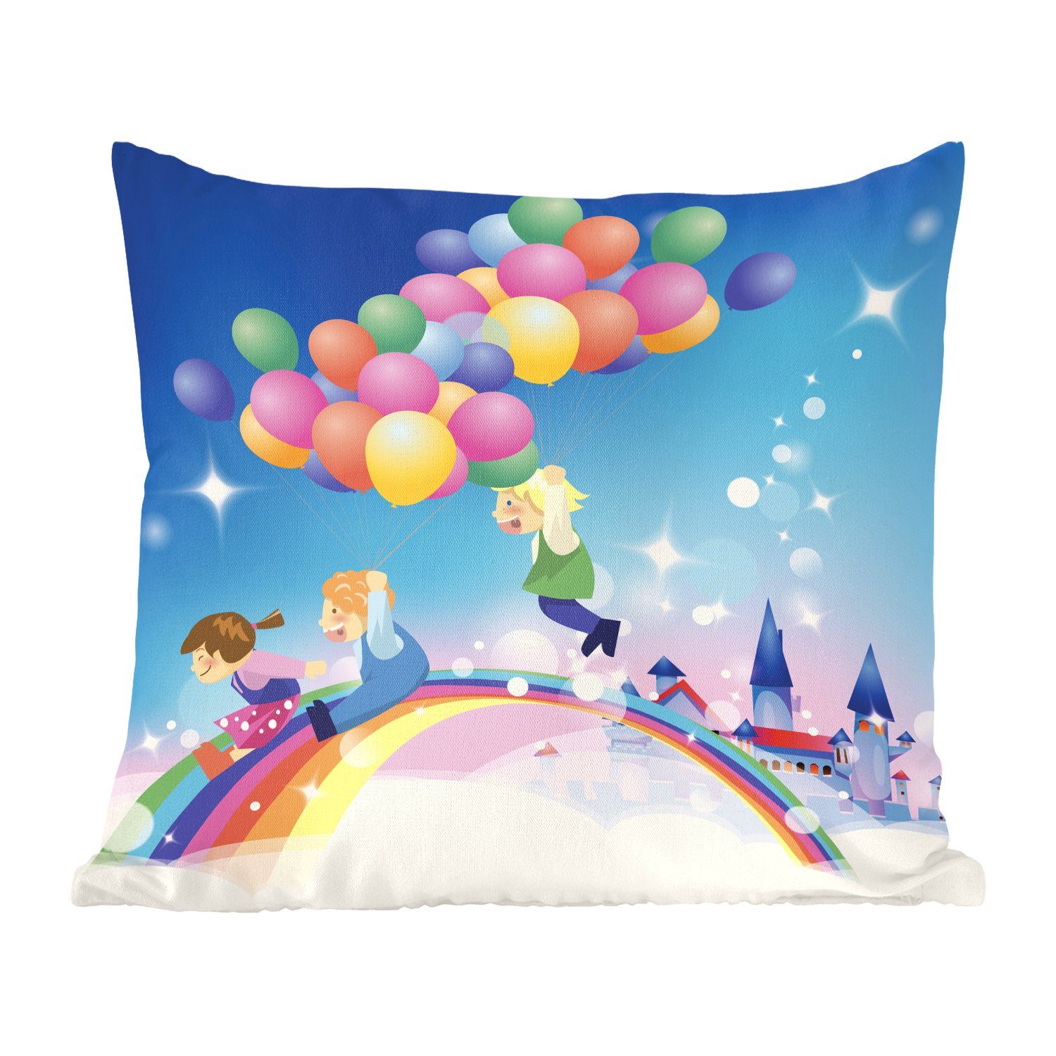 MuchoWow Dekokissen Eine Illustration eines Mädchens mit Luftballons in Regenbogenfarben, Zierkissen mit Füllung für Wohzimmer, Schlafzimmer, Deko, Sofakissen