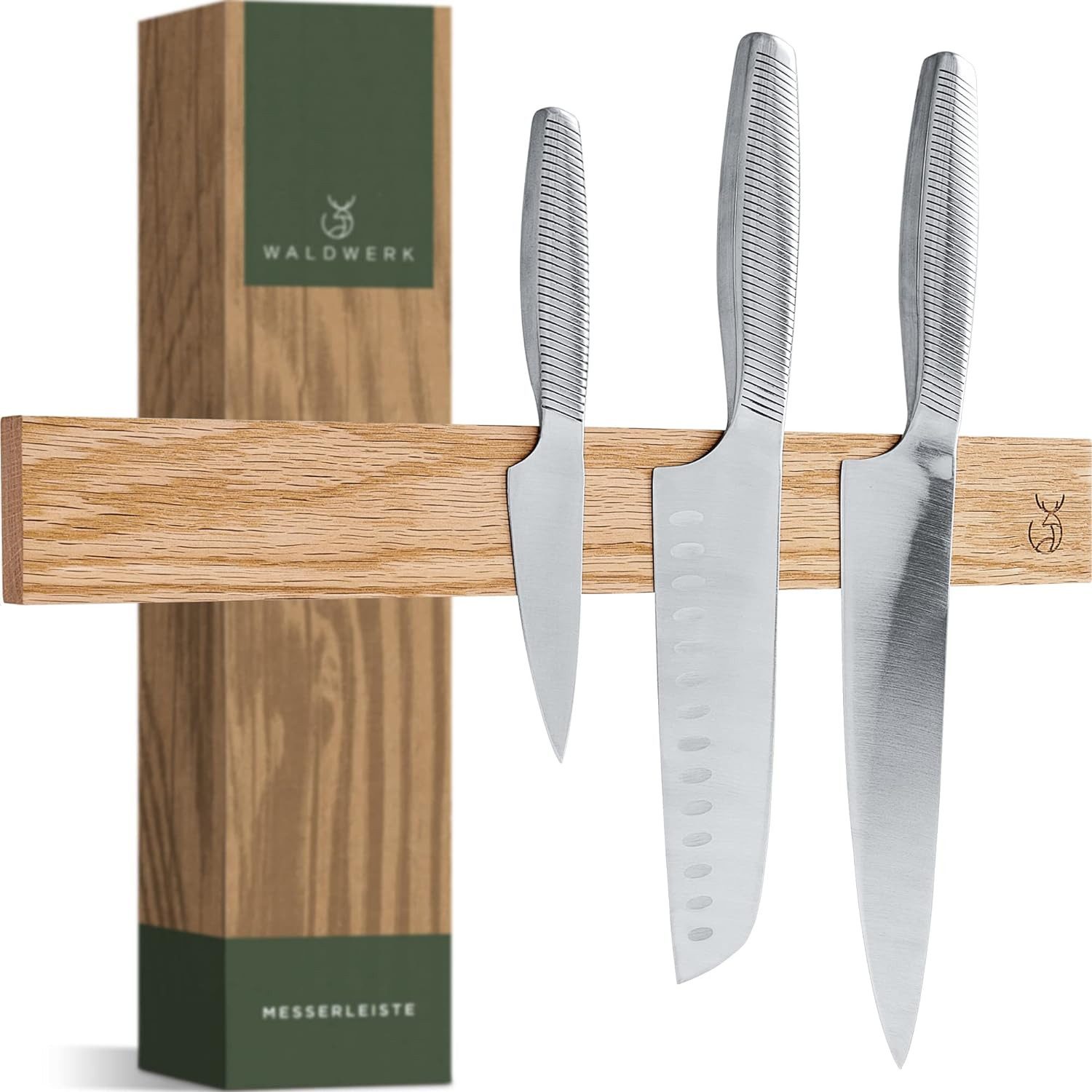 Waldwerk Wand-Magnet Messerhalter - Magnetleiste Messer (40x5cm) - Magnetleiste aus edlem Eichenholz, für schwere Messer - Messer Magnetleiste zum Kleben oder Schrauben