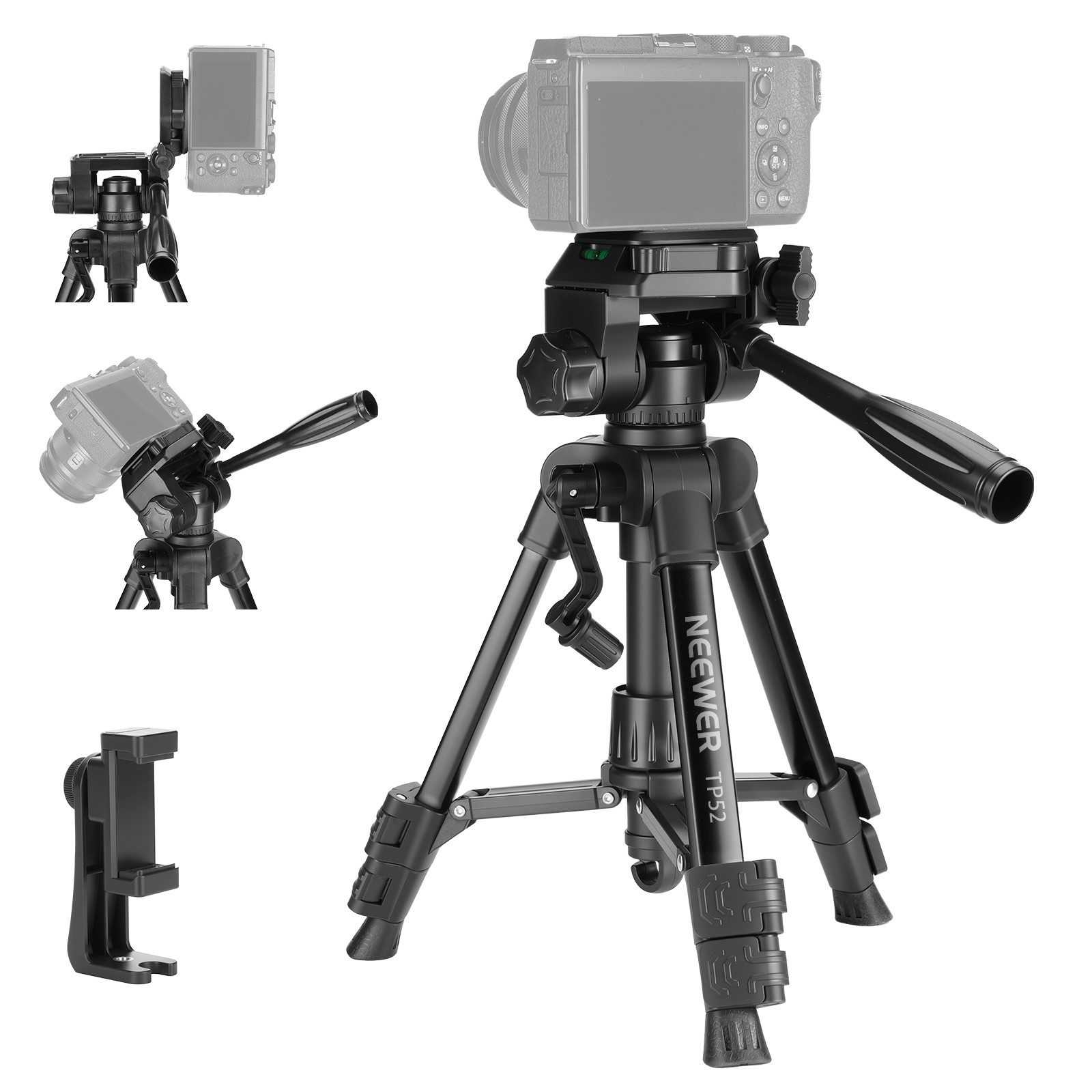 Neewer TP52 Mini Kamera Tischstativ, Kleiner kompakter, tragbarer DSLR Webcam Dreibeinstativ (3 Wege Schwenk Neige Kopf, Handyhalterung, kompatibel mit iPhone)