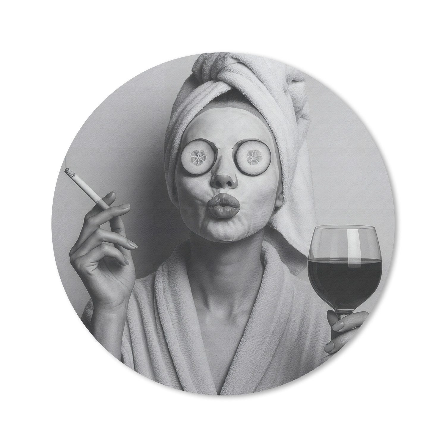 MuchoWow Mauspad Frau - Maske - Wein - Zigarette (1-St), Gaming, Rutschfester Unterseite, Mausunterlage, Rund 50x50 cm