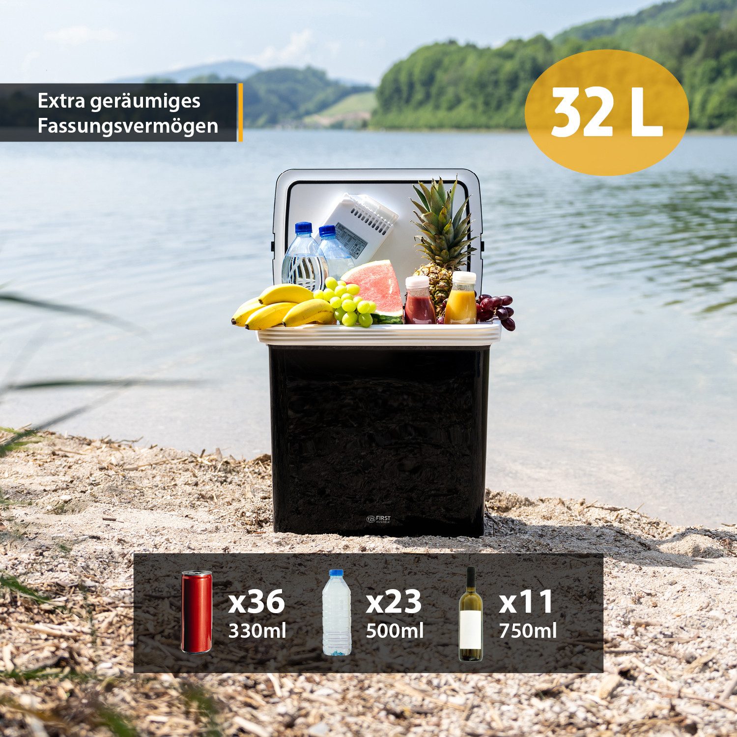 TZS FIRST AUSTRIA Elektrische Kühlbox 32L, Mini-Kühlschrank, 12V /230V Anschluss, 12-V-Stecker fürs Auto, für Camping, Festivals, Reisen, mit Kühl- und Warmhaltefunktion