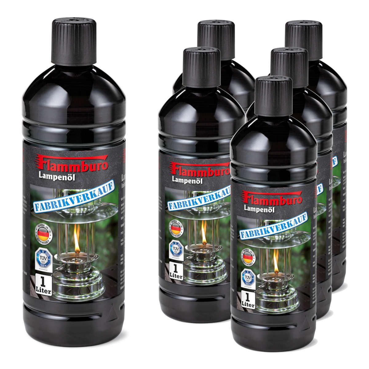 FLAMMBURO Lampenöl für Petroleum-Lampen und Fackeln (6 x 1000 ml), (6-St), Rückstandloses und rußfreies Verbrennen bei richtiger Dochteinstellung