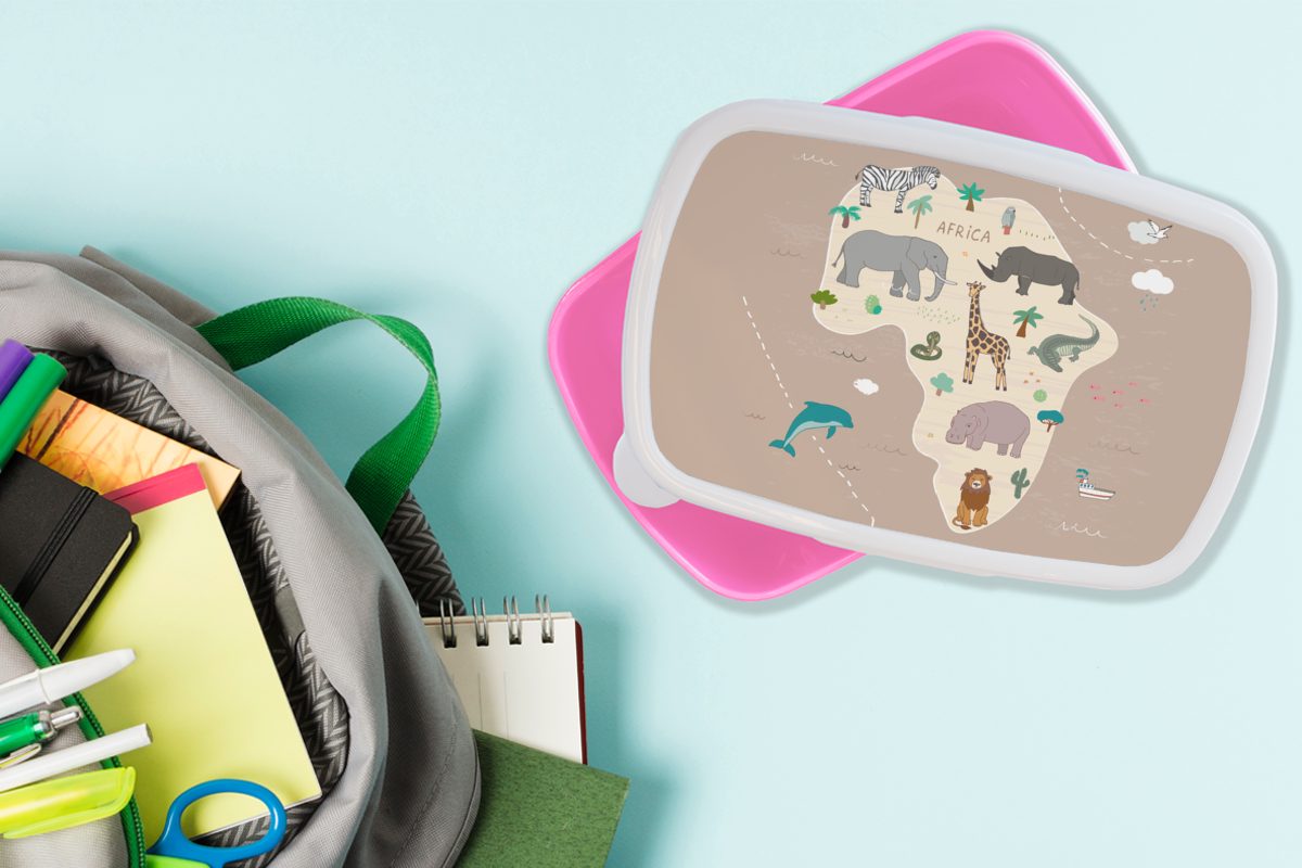 (2-tlg), Kinder - Snackbox, Kunststoff, rosa - Erwachsene, - Weltkarte Kunststoff Tiere Afrika Jungen Brotbox MuchoWow für Kinder, - Mädchen, Brotdose Lunchbox - Mädchen,