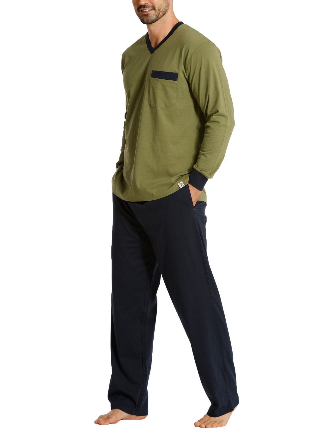 HAASIS Bodywear 1919 Pyjama Herren Pyjama 77109922-navy/olive (1 tlg) Pyjama, V-Hals, Brusttasche, Hose m. Seitentaschen