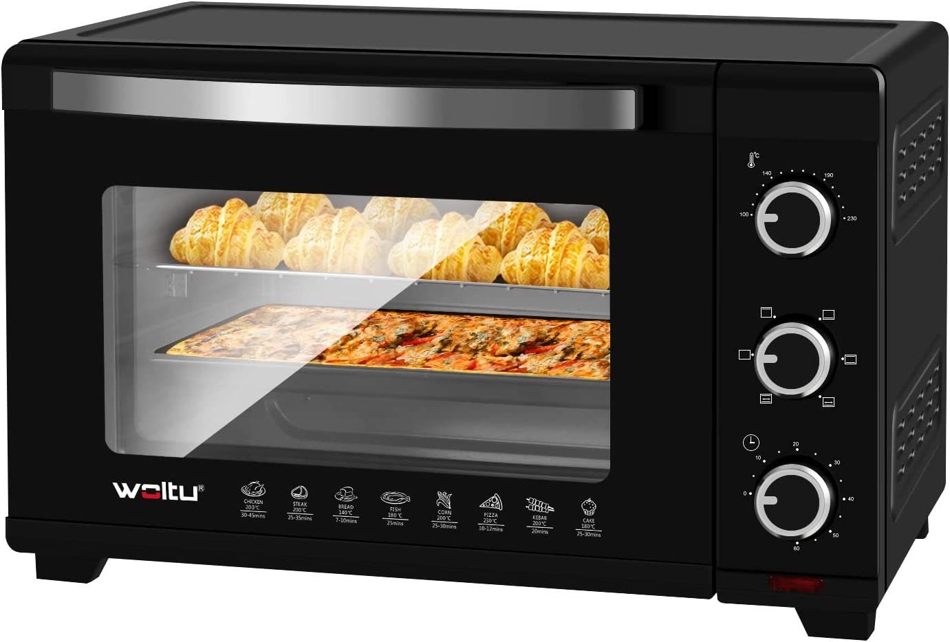 Woltu Minibackofen, 32 1600 Herausnehmbares Krümelblech Watt schwarz Timer Liter, mit