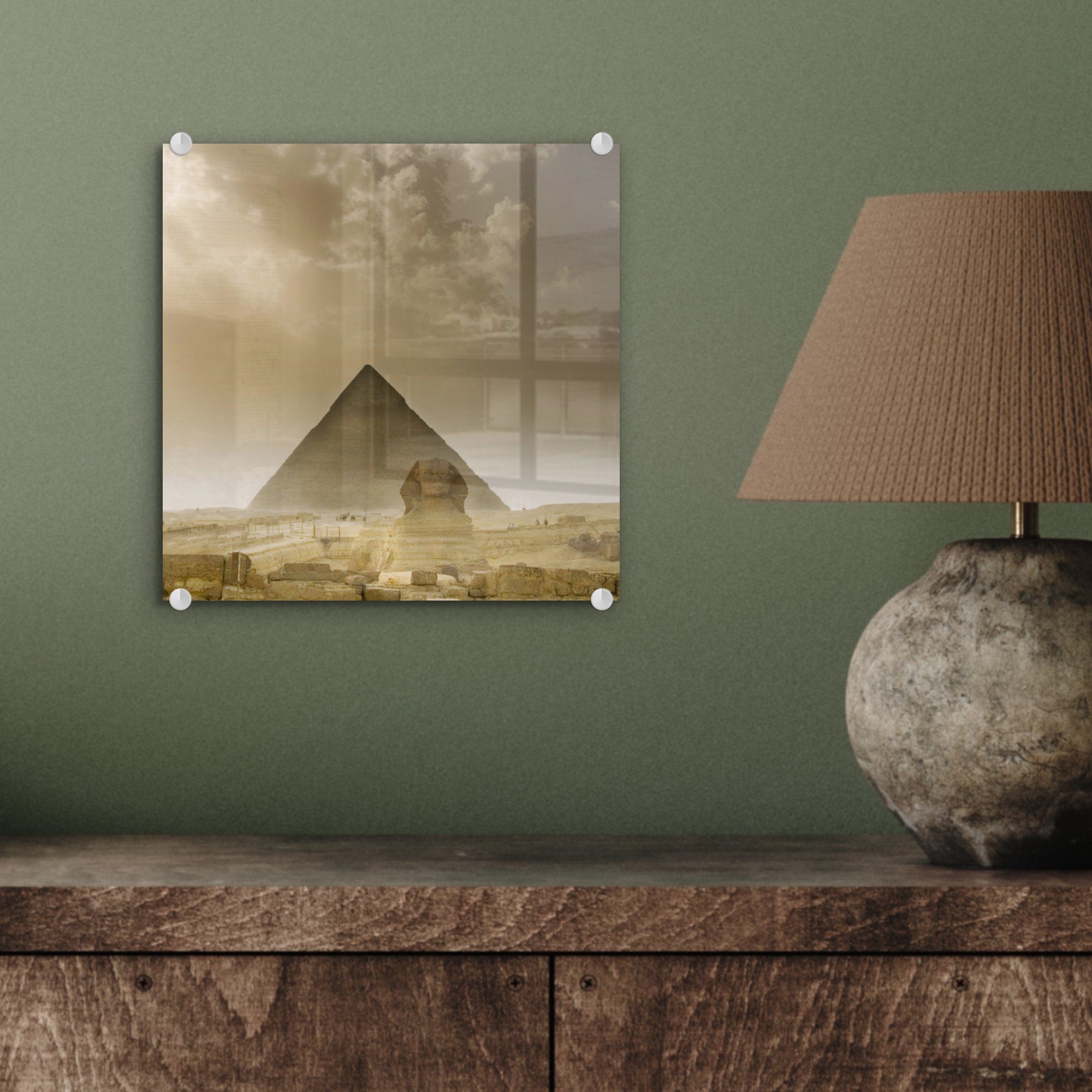 MuchoWow Acrylglasbild Sphinx in einem Glasbilder Bilder St), auf Glas - (1 auf - Glas Wanddekoration Sandsturm, Foto Wandbild 