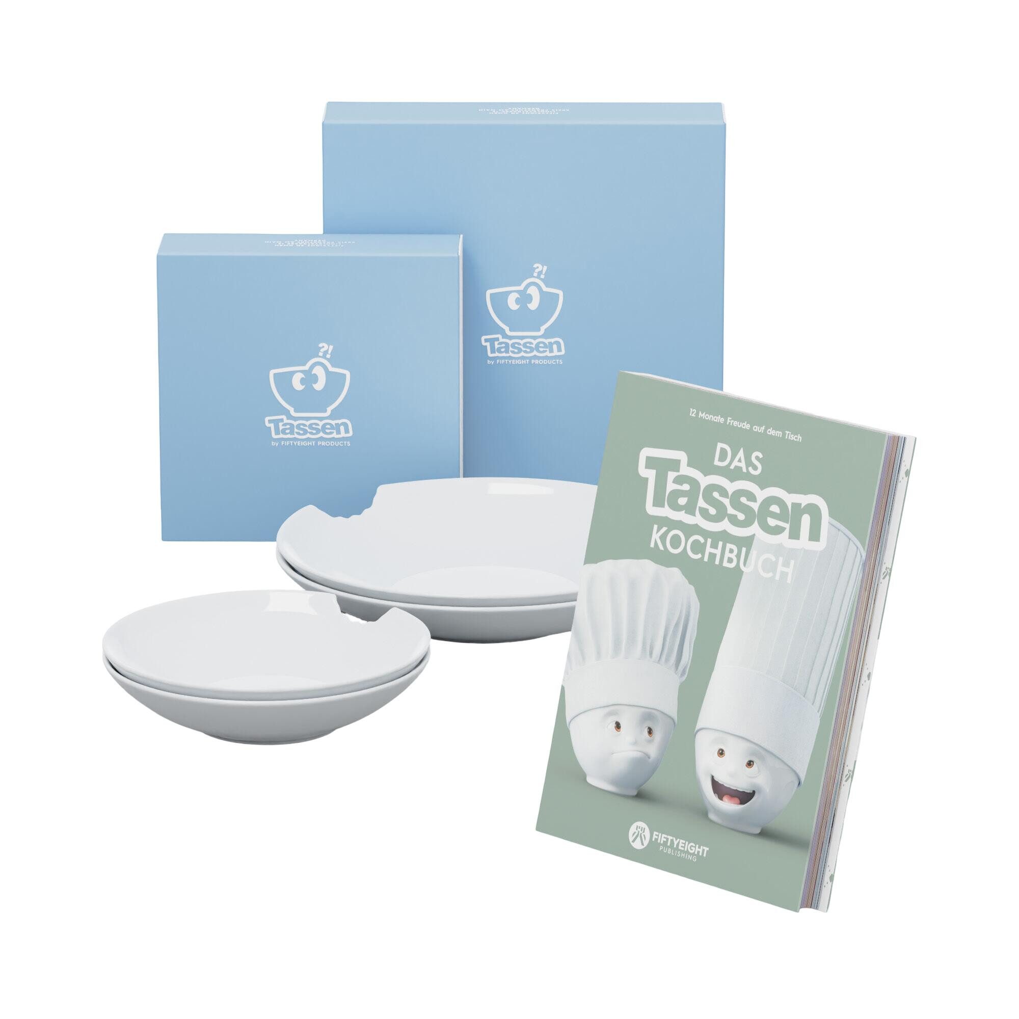 Suppenteller Probierhäppchen Set + Kochbuch 5-tlg., Teller weiß mit Biss