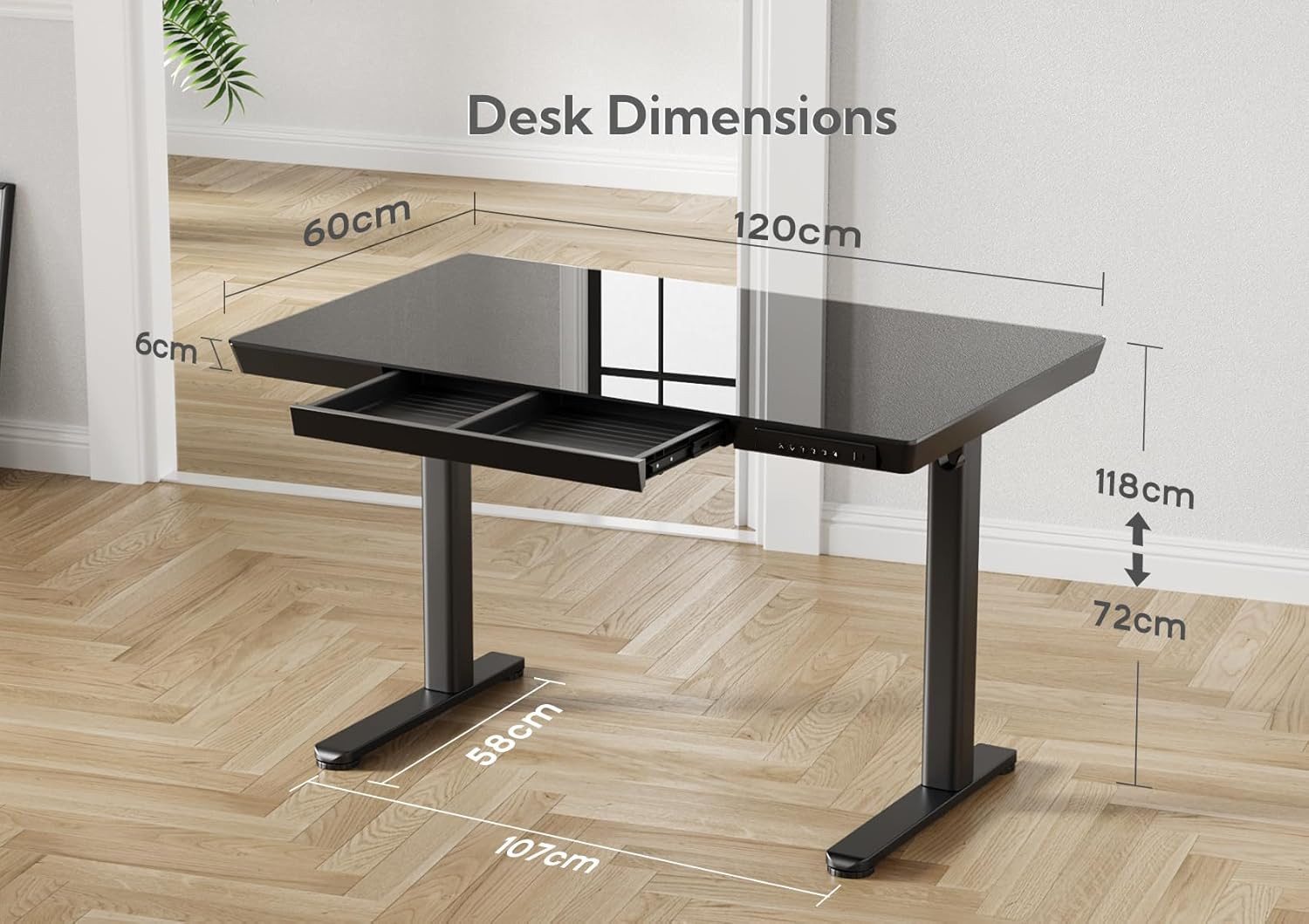 Claiks Schreibtisch Glas Höhenverstellbarer Schreibtisch, Steh-Sitz-Schreibtisch (1-St), mit robuster Glasplatte Leiser Motor, 120x60cm, Schwarz