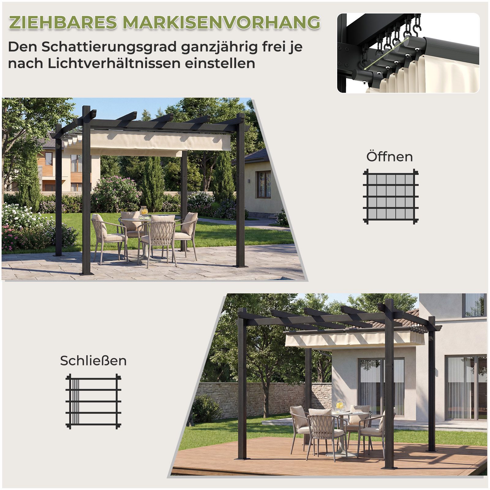 GUNJI Pergola 3x3/3x4m Winterfest, Magnetisch befestigte Aluminium-Pergola, (180g PA-beschichtetes Polyester, UV-geschützt, geeignet für Garten, Terrasse, Poolszenen), Magnetisch befestigbares Schiebedach