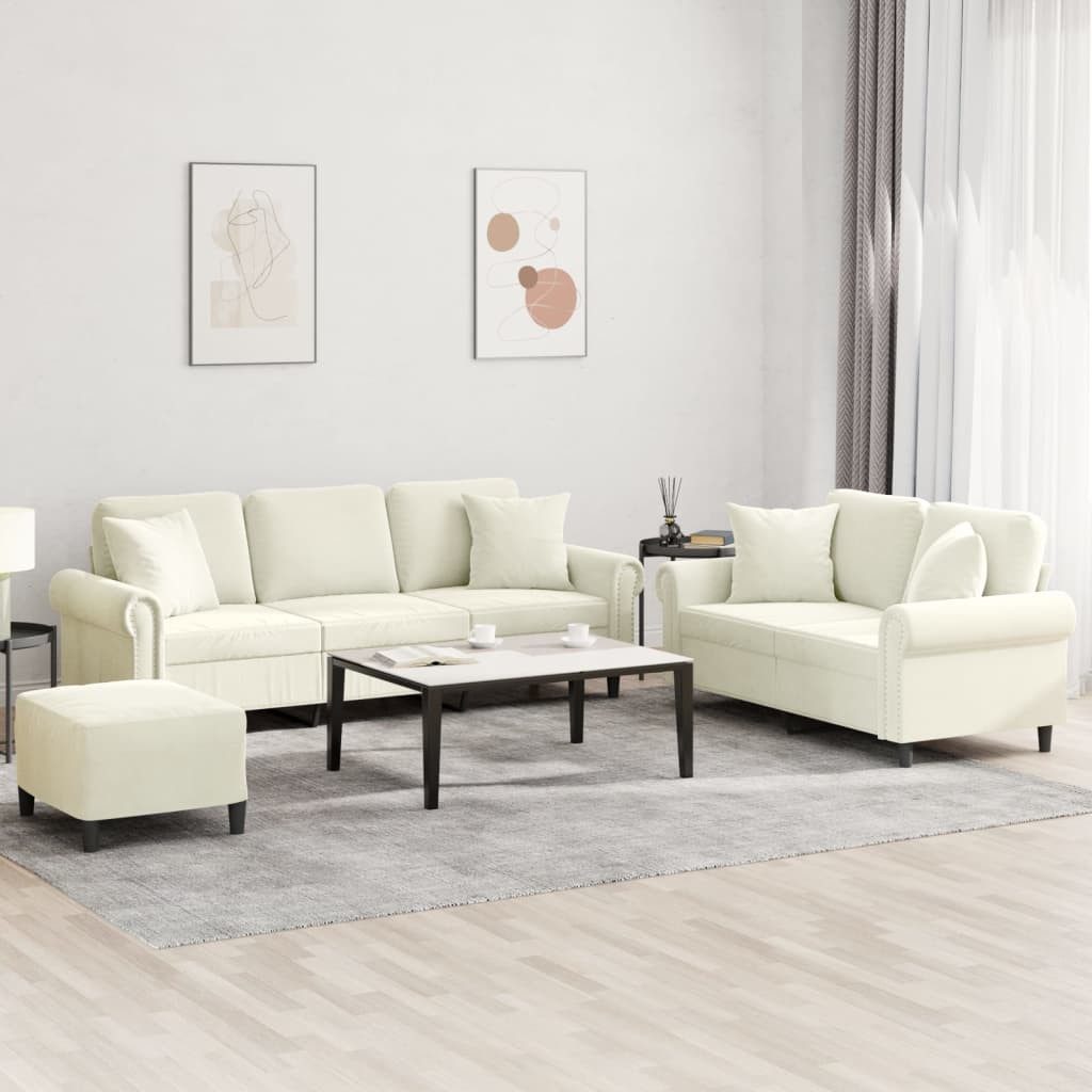 vidaXL Sofa, 3-tlg. Sofagarnitur mit Kissen Creme Samt