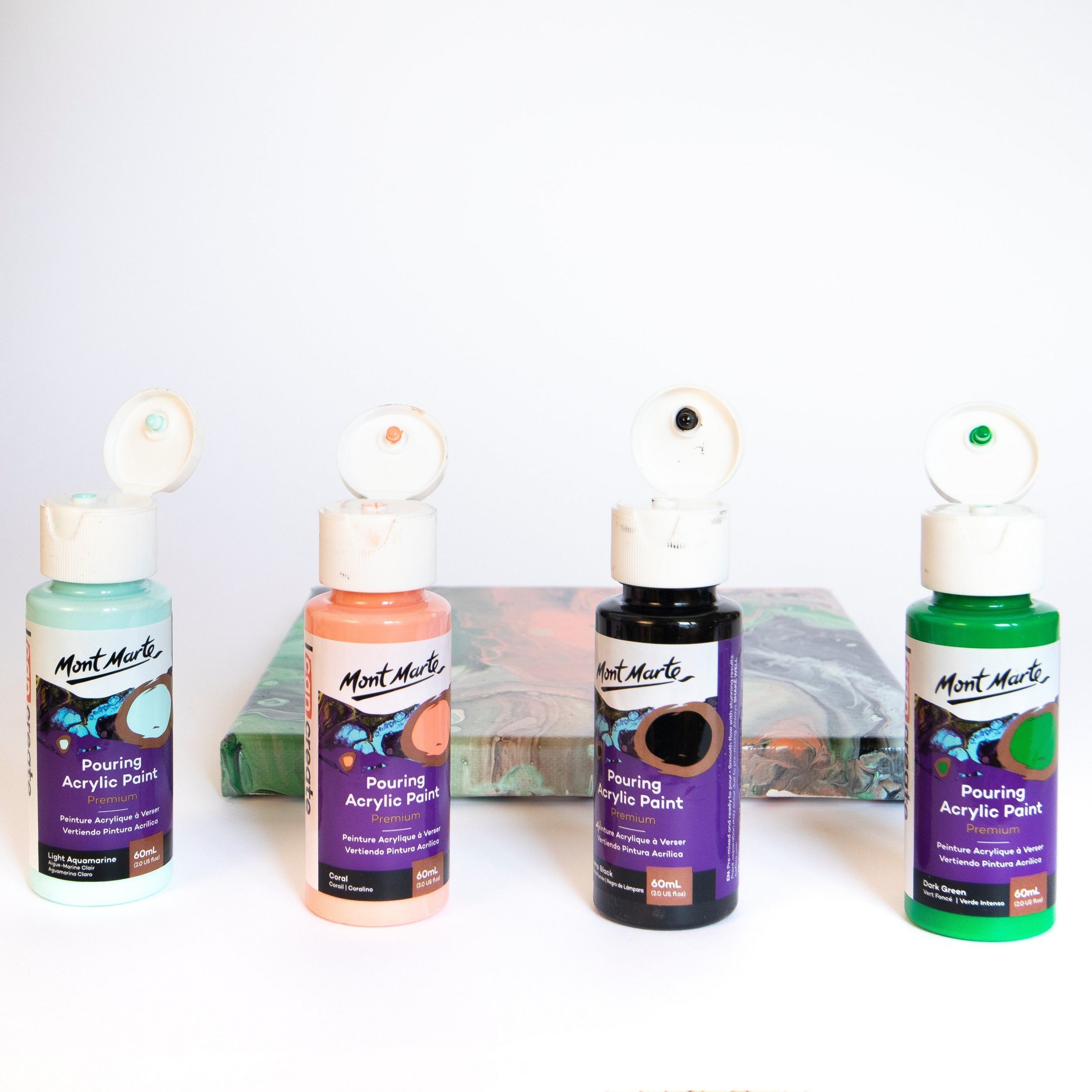 Mont Marte Bastelfarbe PREMIUM Pouring Acrylfarbe, Gieß-Acryl, je 4 x 60 ml, diverse Sets, Untereinander vermischbar & Bereits mit Pouring Medium vorgemischt